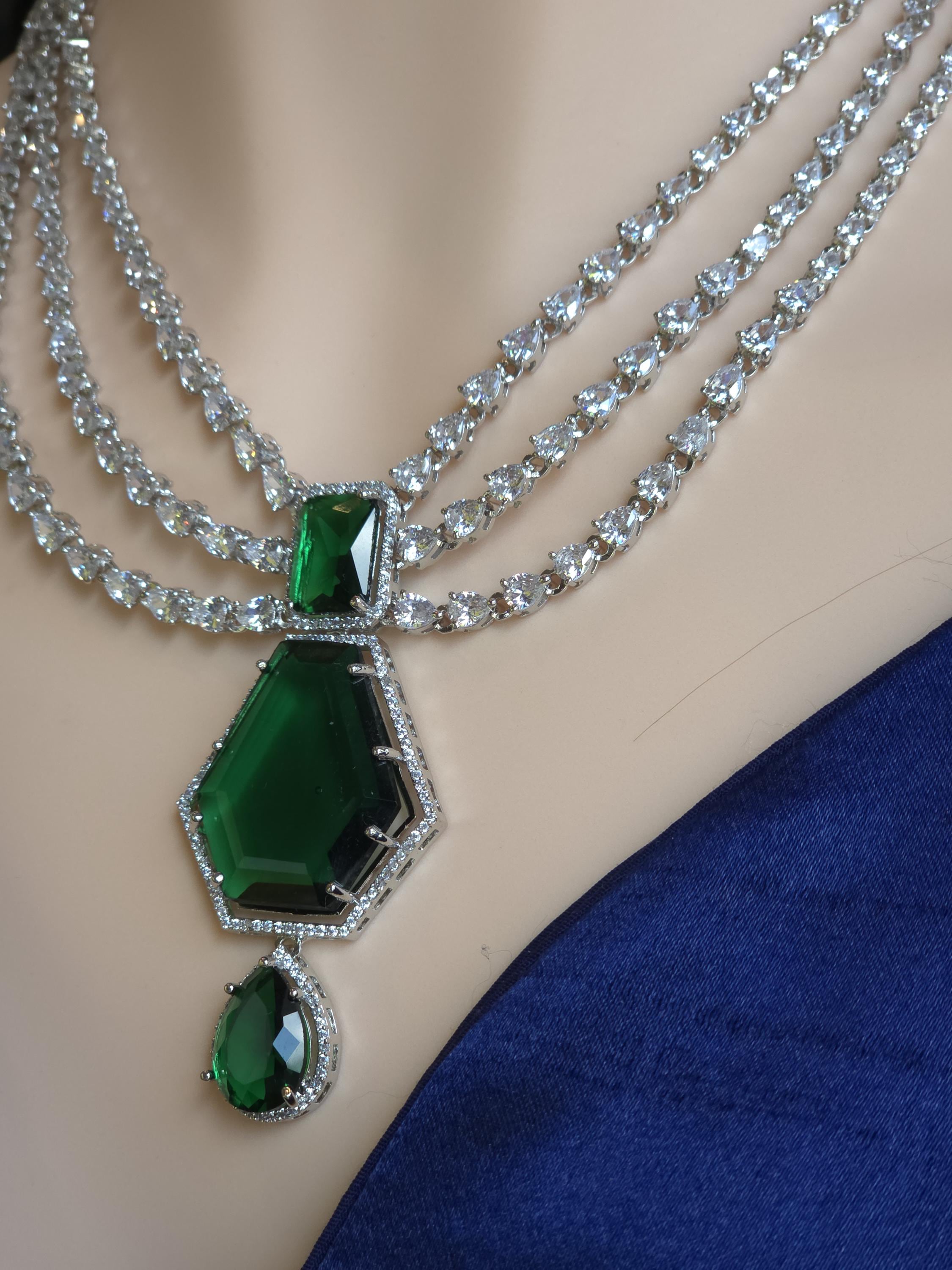 Multi Strand CZ Bridal Necklace Set | Sapphire Emerald Ruby Indian Pakistani Wedding Jewelry – Nalini
