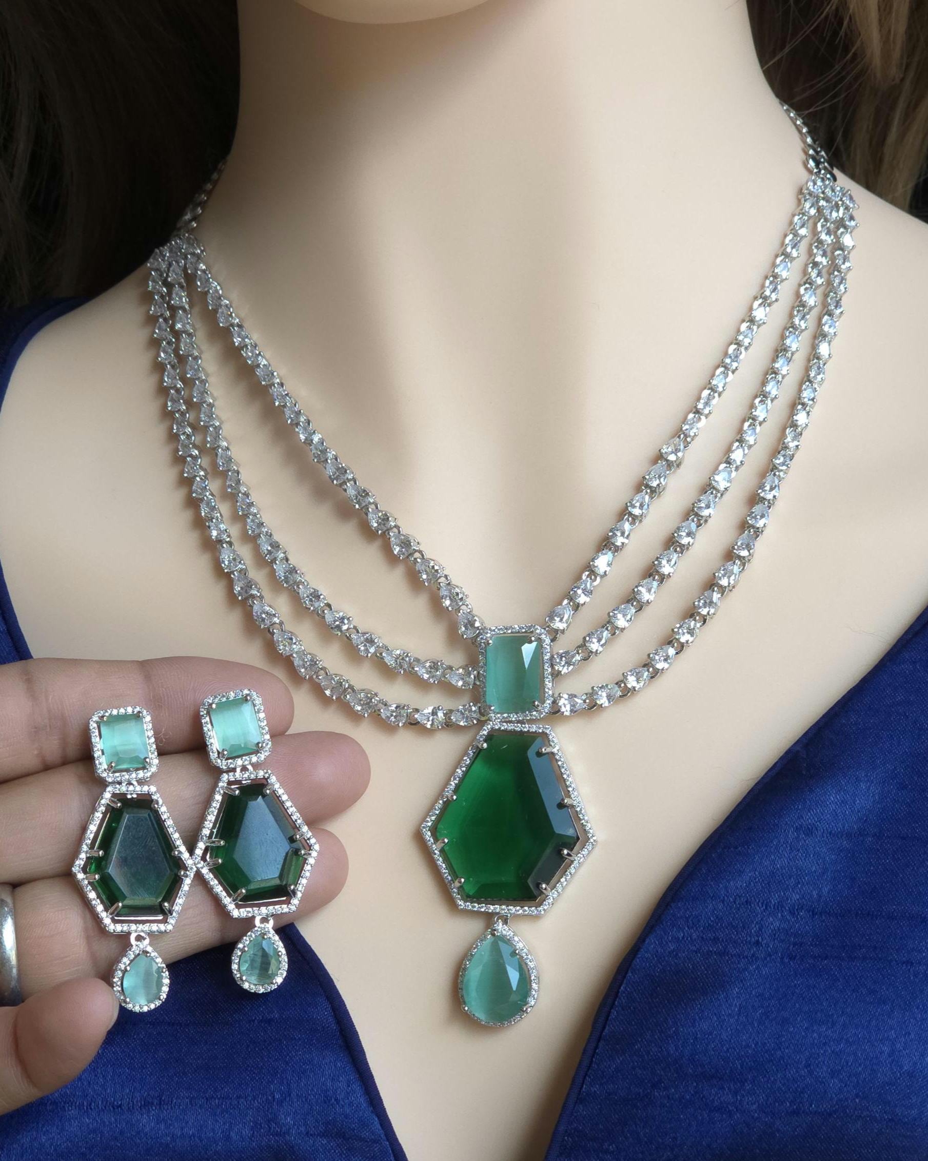 Multi Strand CZ Bridal Necklace Set | Sapphire Emerald Ruby Indian Pakistani Wedding Jewelry – Nalini
