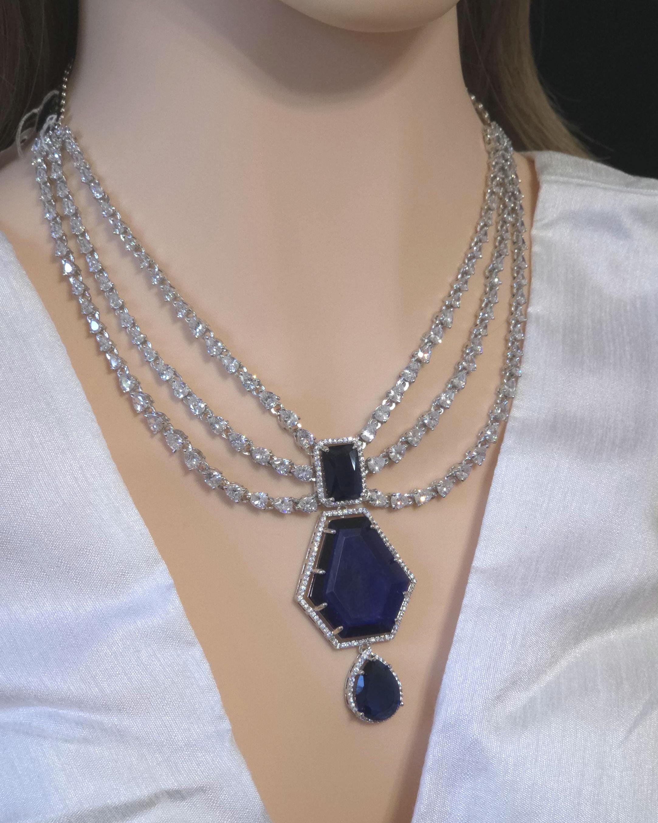 Multi Strand CZ Bridal Necklace Set | Sapphire Emerald Ruby Indian Pakistani Wedding Jewelry – Nalini