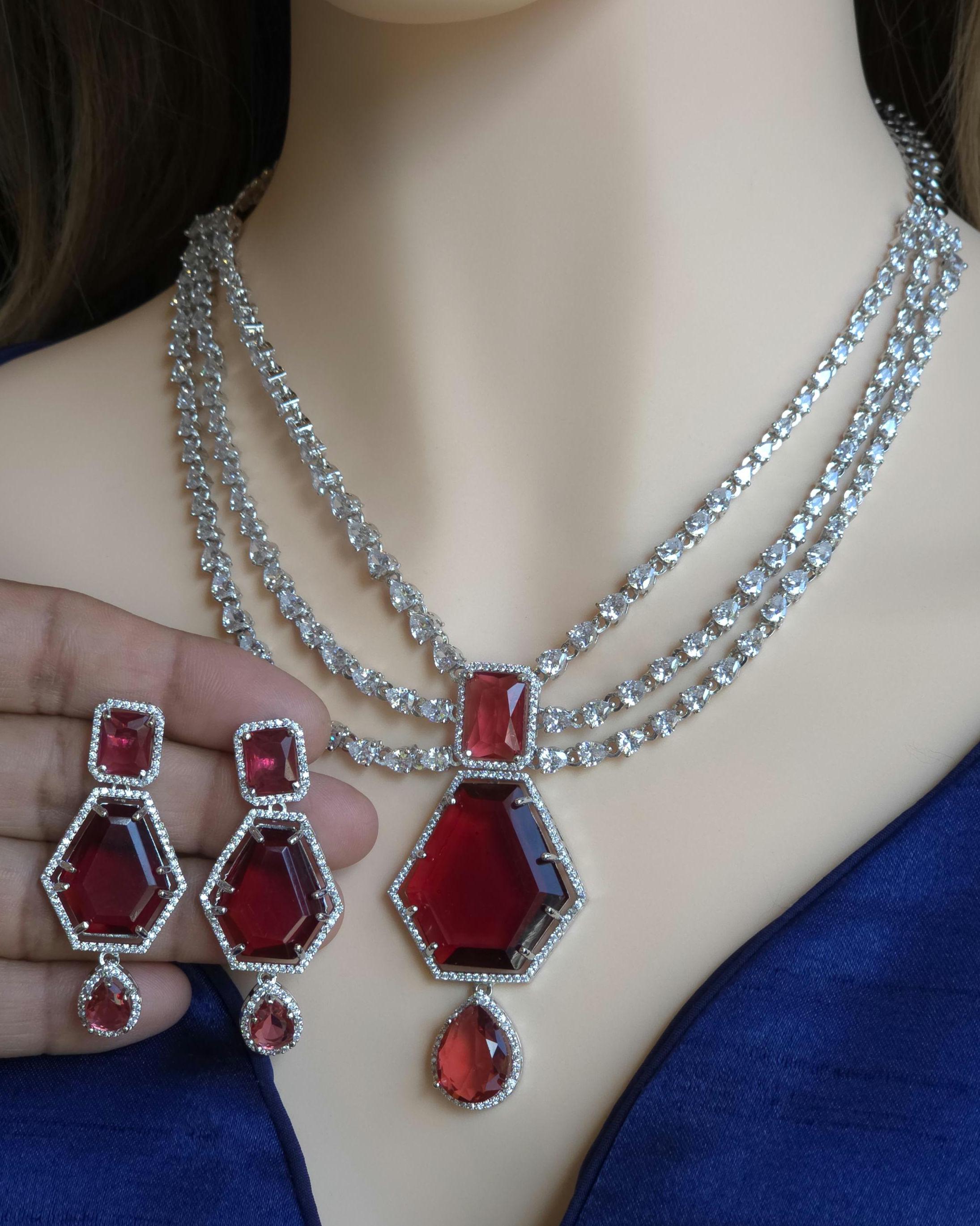 Multi Strand CZ Bridal Necklace Set | Sapphire Emerald Ruby Indian Pakistani Wedding Jewelry – Nalini