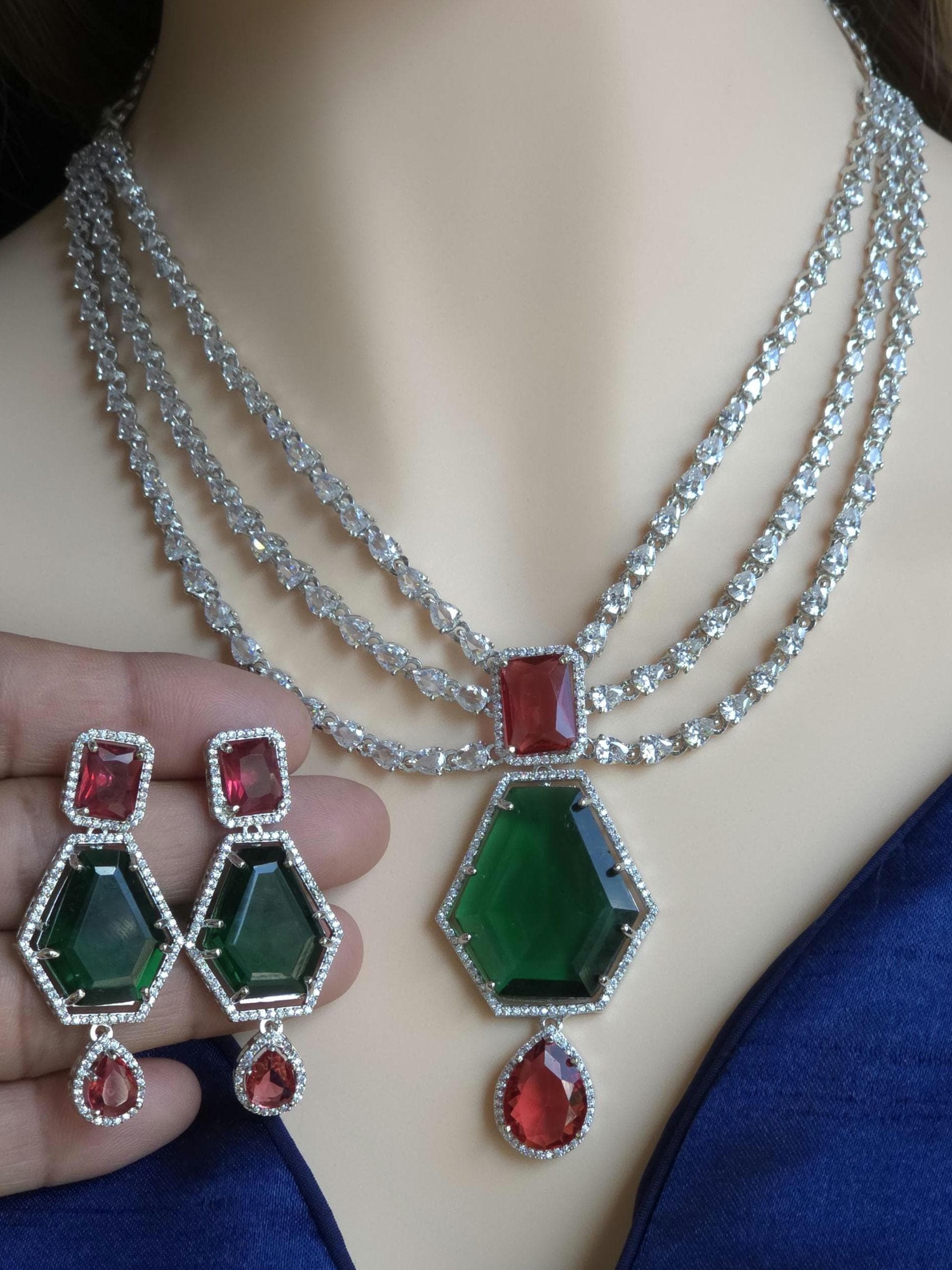 Multi Strand CZ Bridal Necklace Set | Sapphire Emerald Ruby Indian Pakistani Wedding Jewelry – Nalini