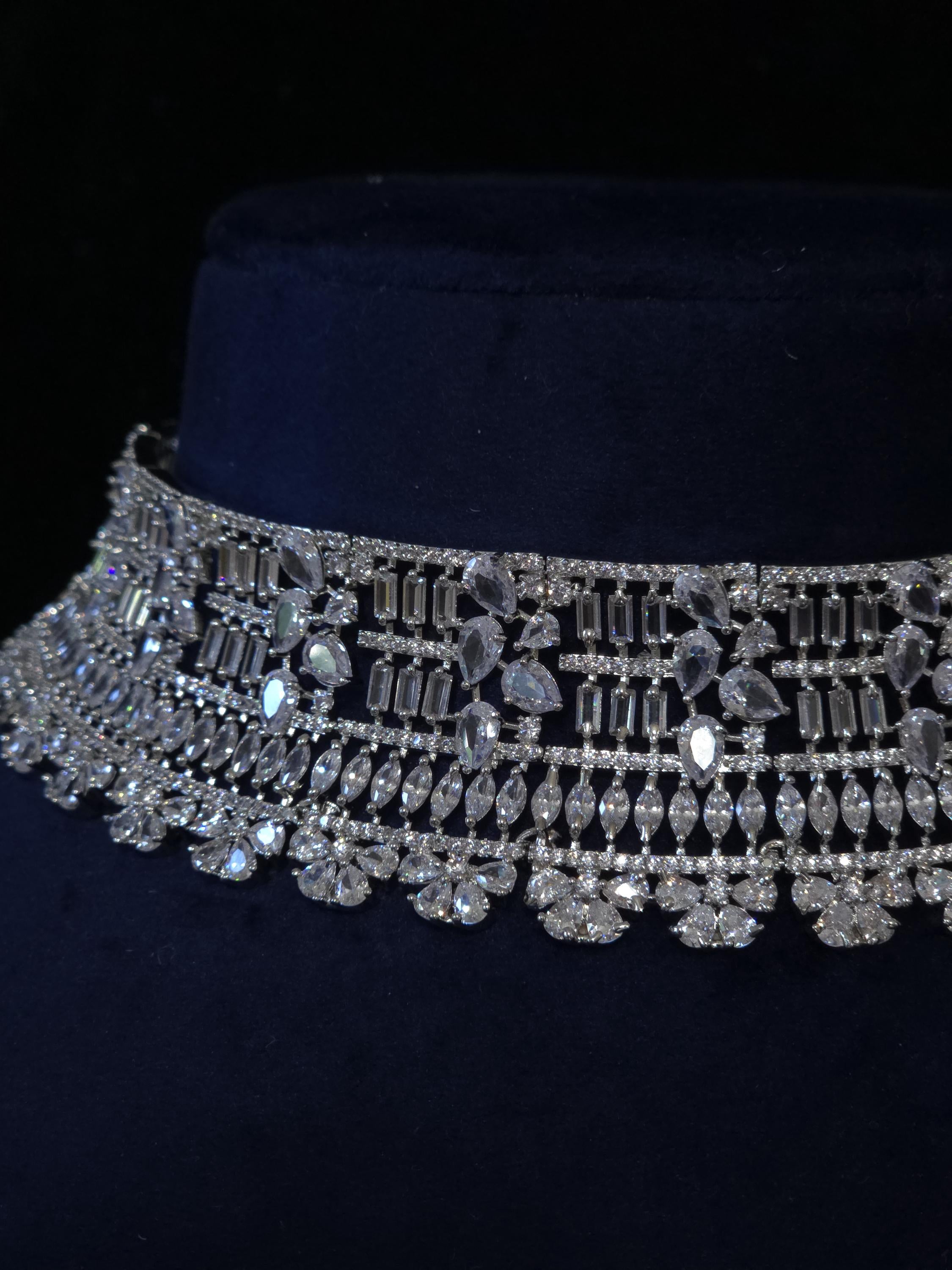 Luxury CZ Choker Necklace Set Rhodium Crystal Silver Statement Bridal Wedding Jewelry Zoya