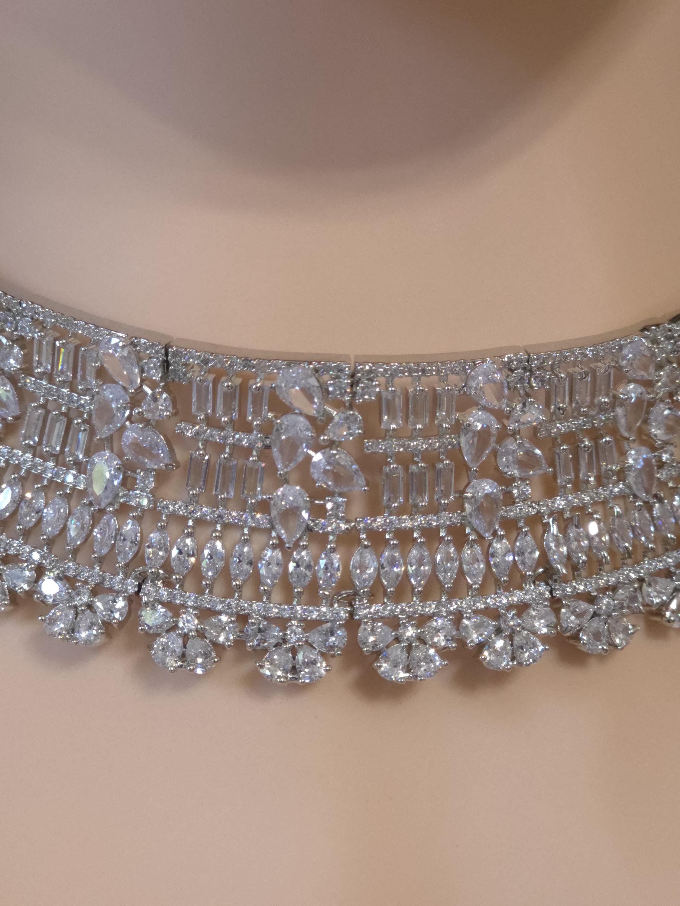 Luxury CZ Choker Necklace Set Rhodium Crystal Silver Statement Bridal Wedding Jewelry Zoya