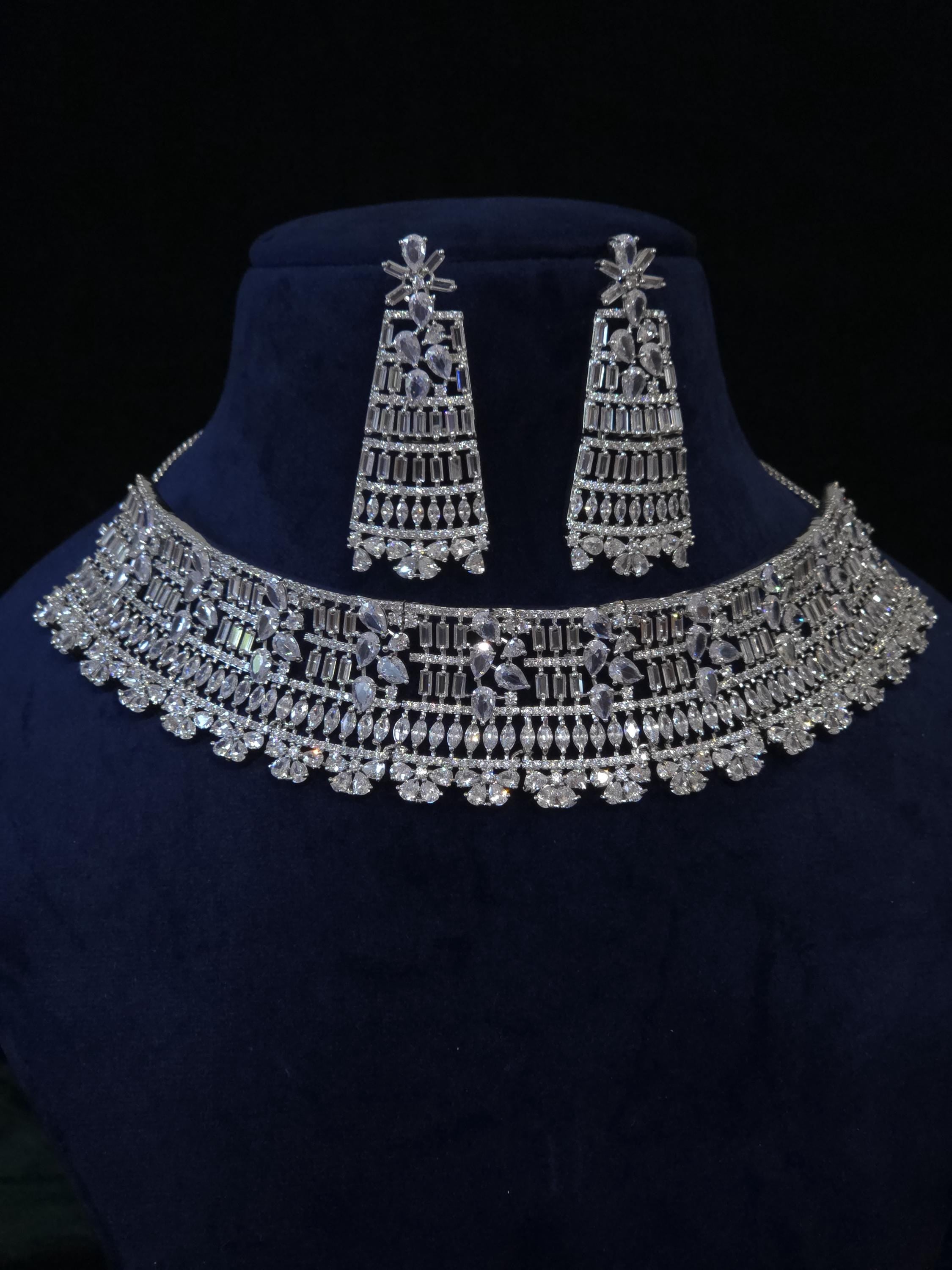 Luxury CZ Choker Necklace Set Rhodium Crystal Silver Statement Bridal Wedding Jewelry Zoya
