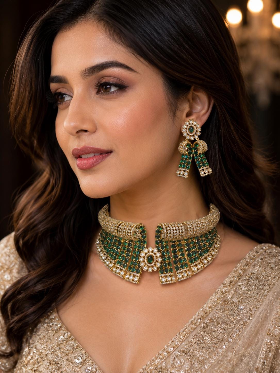 Green Bridal Choker Necklace Set Gold Plated CZ Indian Pakistani Wedding Jewelry Mehndi