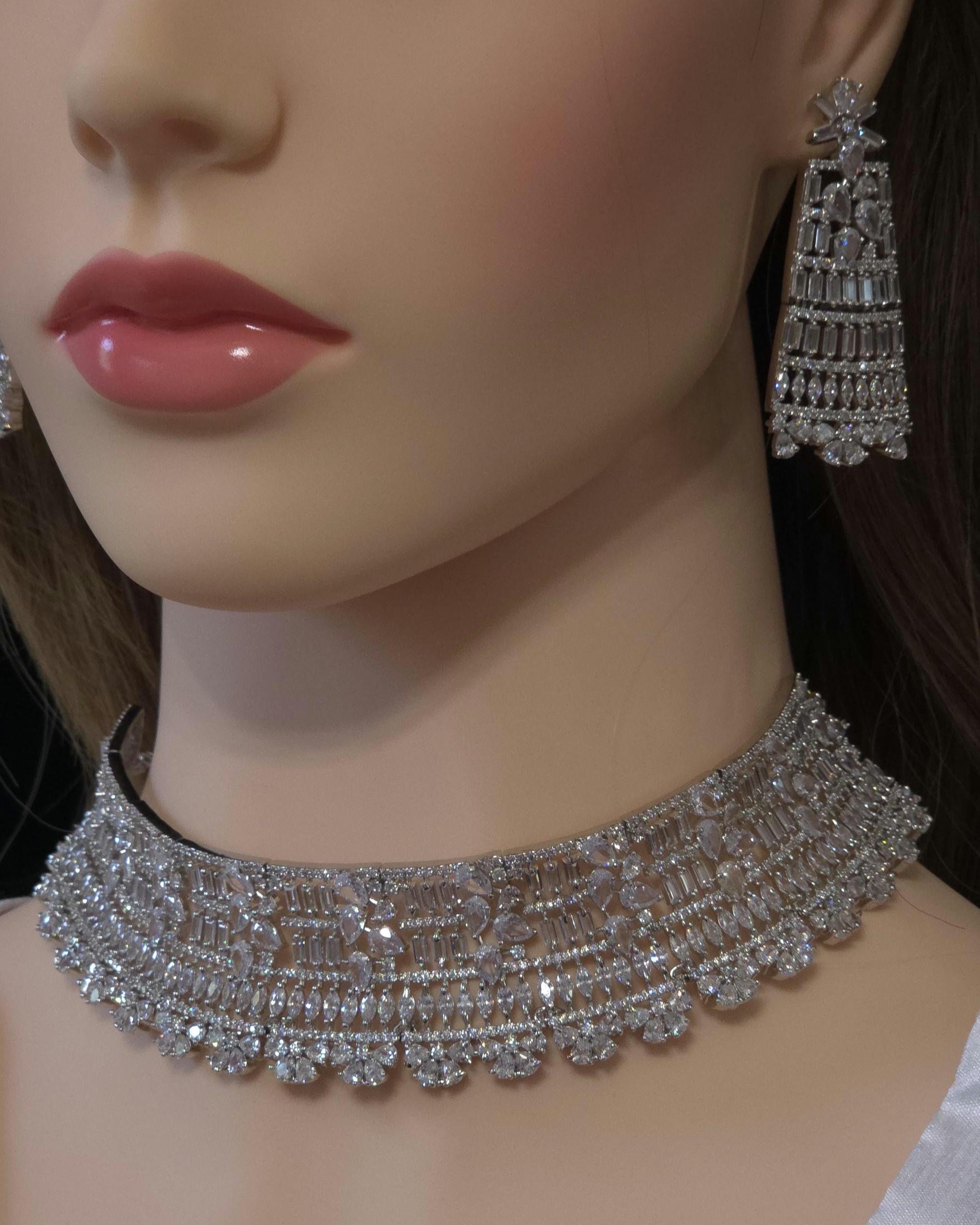 Luxury CZ Choker Necklace Set Rhodium Crystal Silver Statement Bridal Wedding Jewelry Zoya