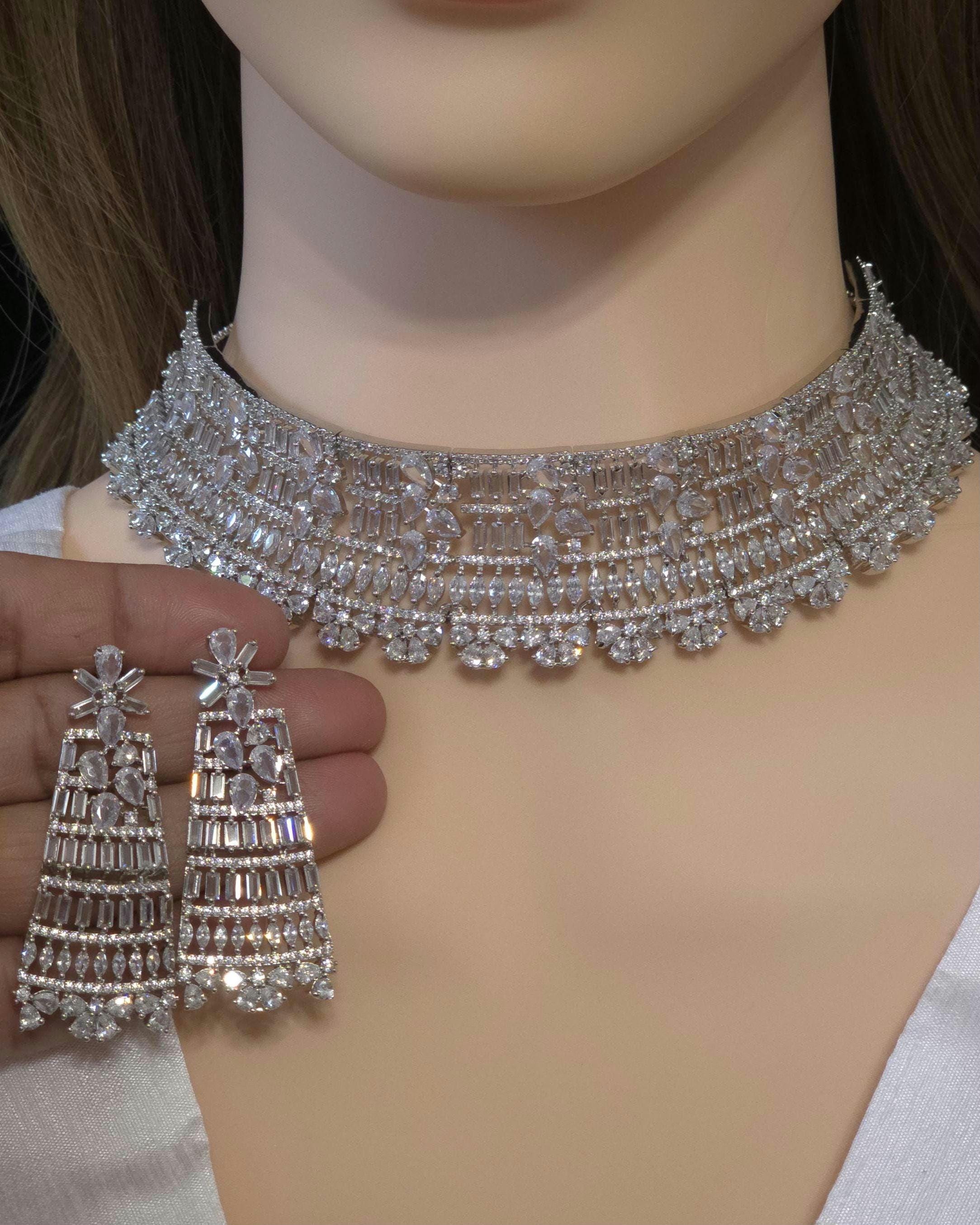Luxury CZ Choker Necklace Set Rhodium Crystal Silver Statement Bridal Wedding Jewelry Zoya