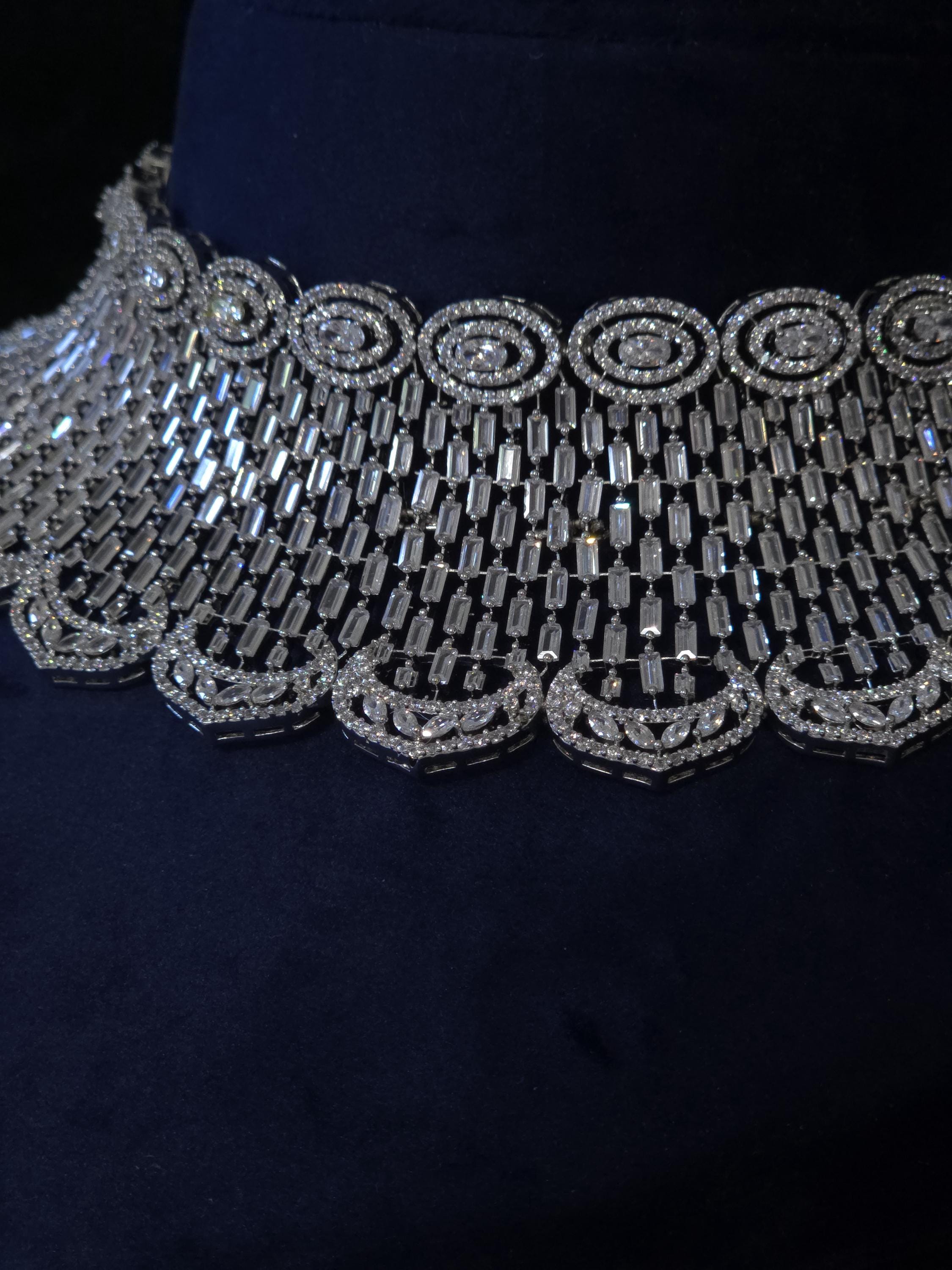 Luxury Silver CZ Choker Necklace Set Premium Rhodium Plated Bridal Indian Wedding Jewelry Ariana