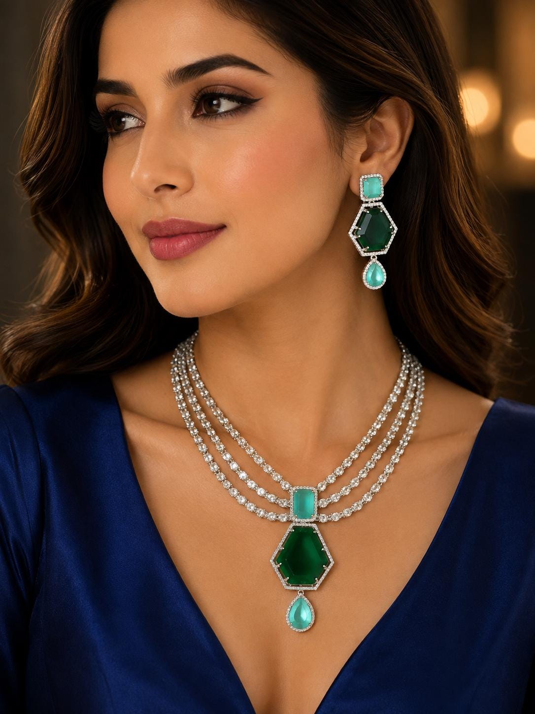 A woman wearing a luxurious jewelry set featuring a silver-tone layered necklace with a large emerald green hexagonal pendant and turquoise accents, matching drop earrings, and a royal blue satin top.
