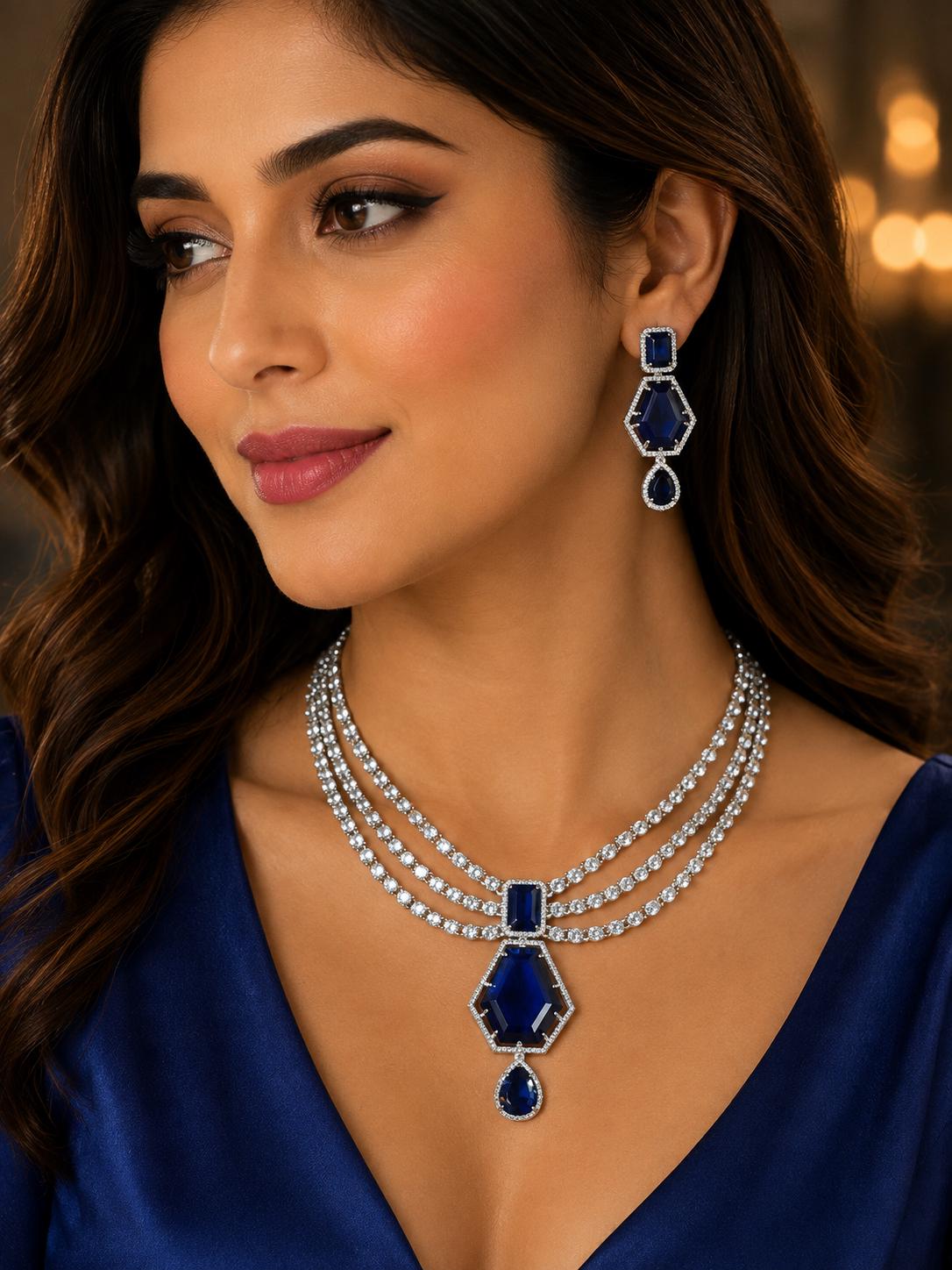 Multi Strand CZ Bridal Necklace Set | Sapphire Emerald Ruby Indian Pakistani Wedding Jewelry – Nalini