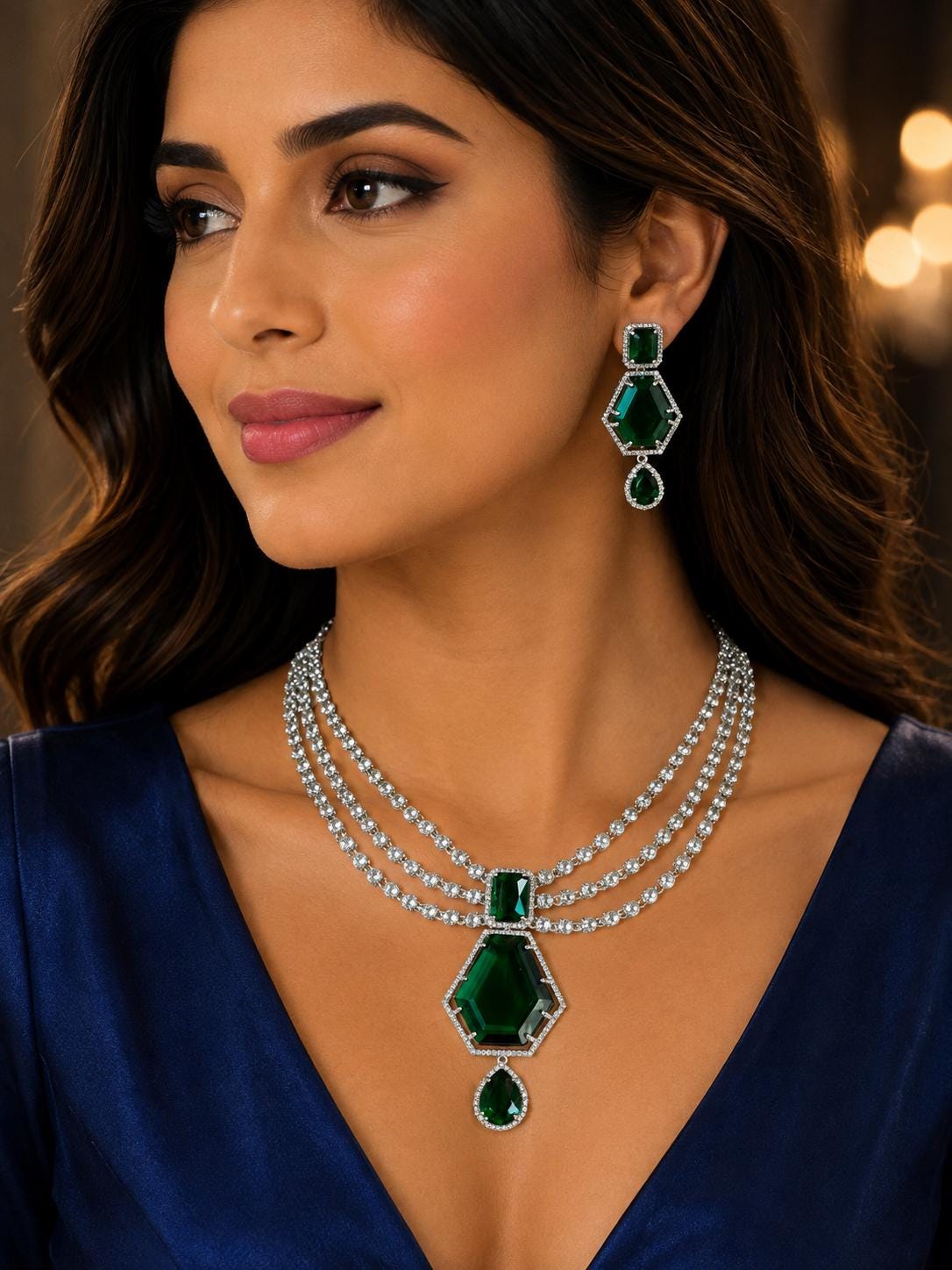 Multi Strand CZ Bridal Necklace Set | Sapphire Emerald Ruby Indian Pakistani Wedding Jewelry – Nalini