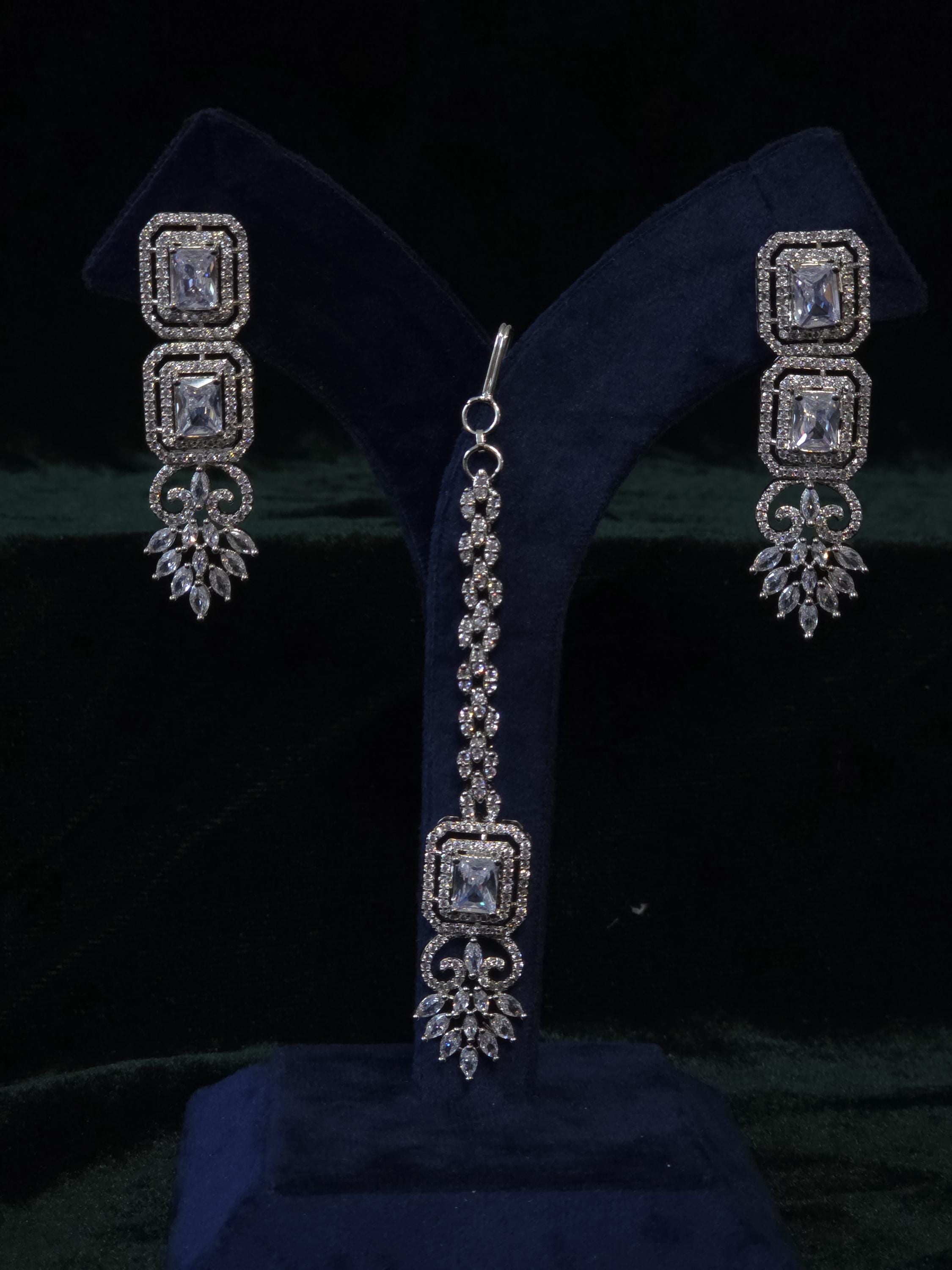 Silver CZ Bridal Necklace Set with Maang Tikka Indian Pakistani Wedding Jewelry Sitara