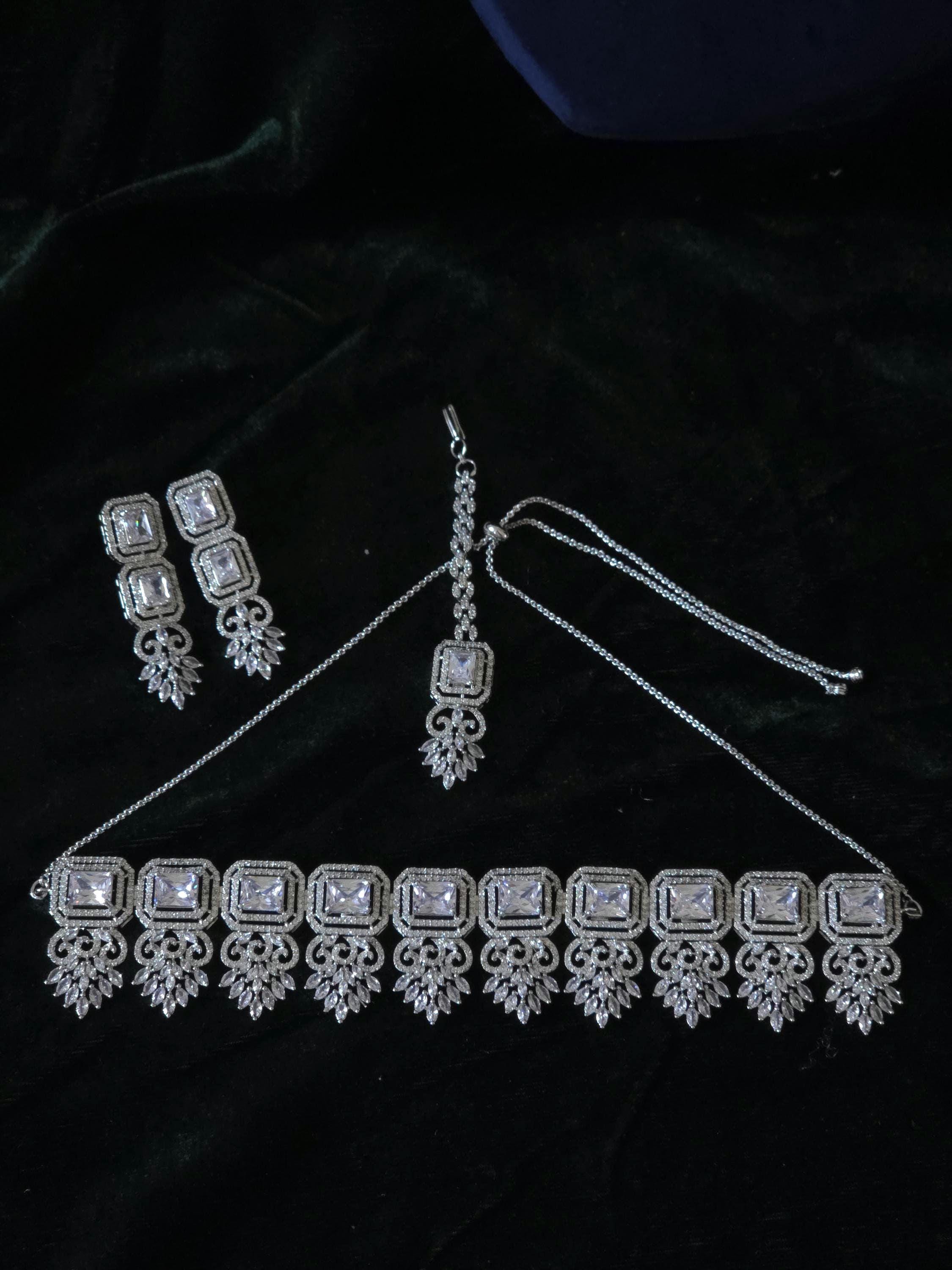 Silver CZ Bridal Necklace Set with Maang Tikka Indian Pakistani Wedding Jewelry Sitara