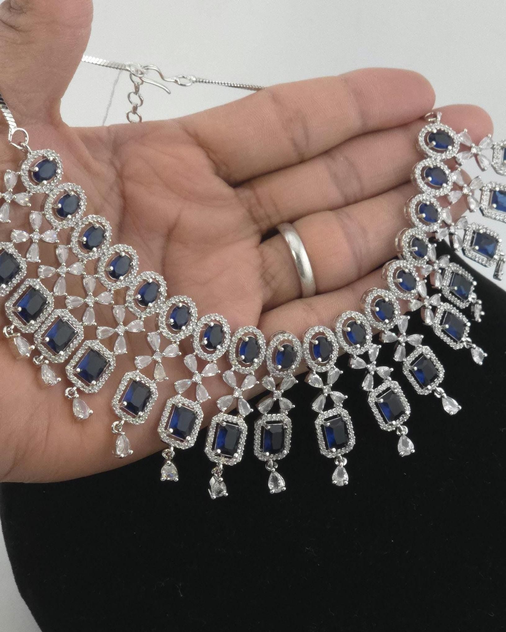 Multicolor CZ Bridal Necklace Set | Indian Pakistani Wedding Jewelry, Royal Blue Statement – Kavya