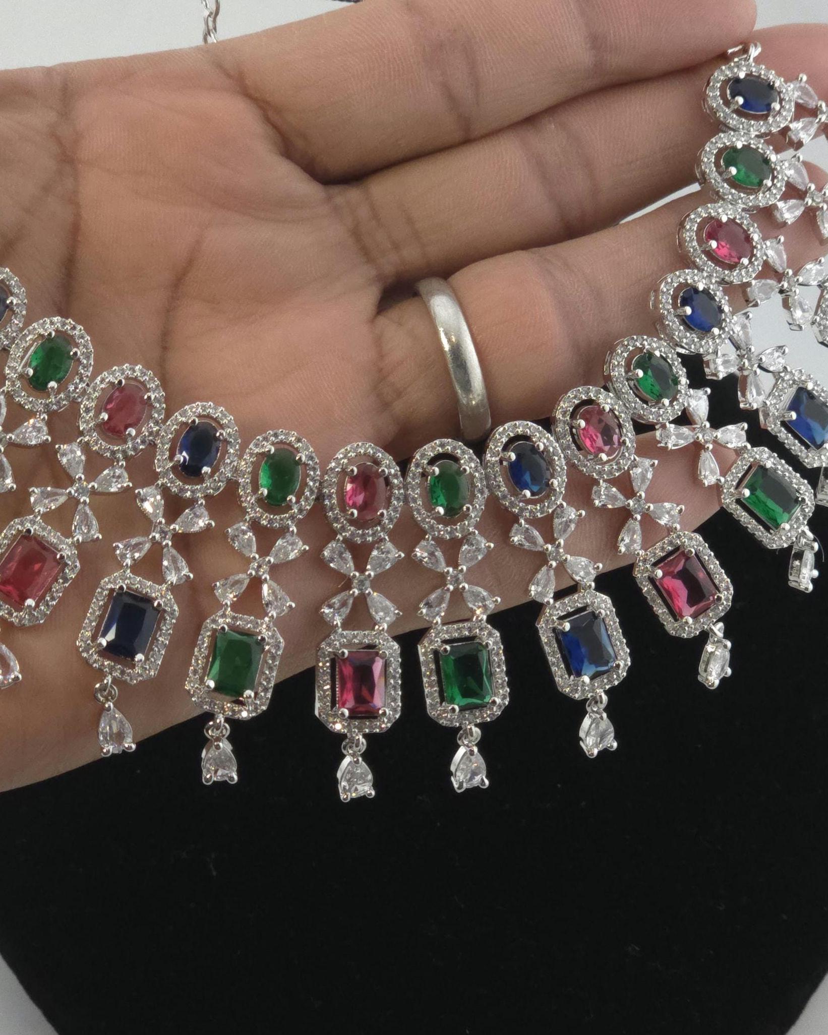 Multicolor CZ Bridal Necklace Set | Indian Pakistani Wedding Jewelry, Royal Blue Statement – Kavya