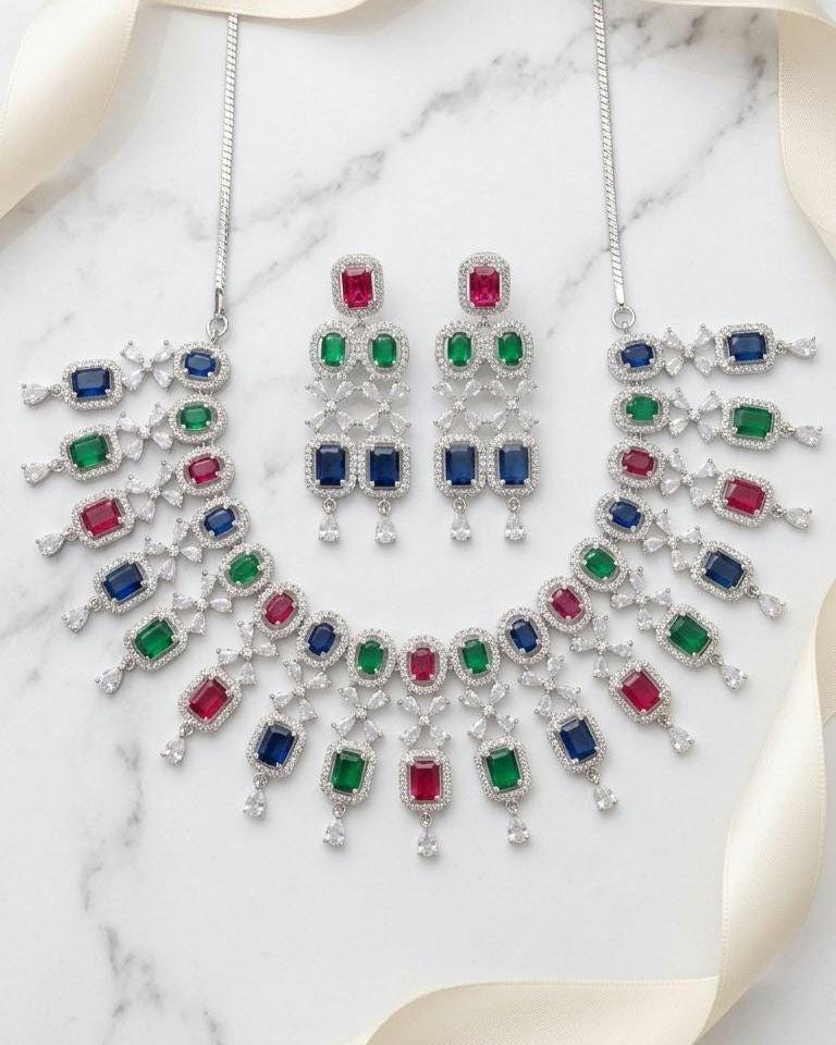 Multicolor CZ Bridal Necklace Set | Indian Pakistani Wedding Jewelry, Royal Blue Statement – Kavya