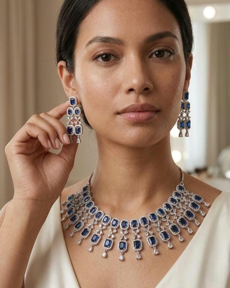 Multicolor CZ Bridal Necklace Set | Indian Pakistani Wedding Jewelry, Royal Blue Statement – Kavya