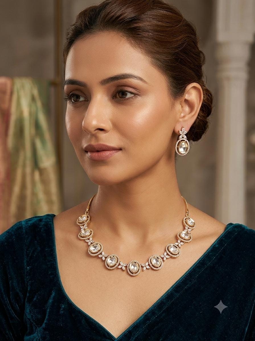 Gold Tone Kundan Polki CZ Necklace Set | Indian Pakistani Bridal Wedding Jewelry – Chanda