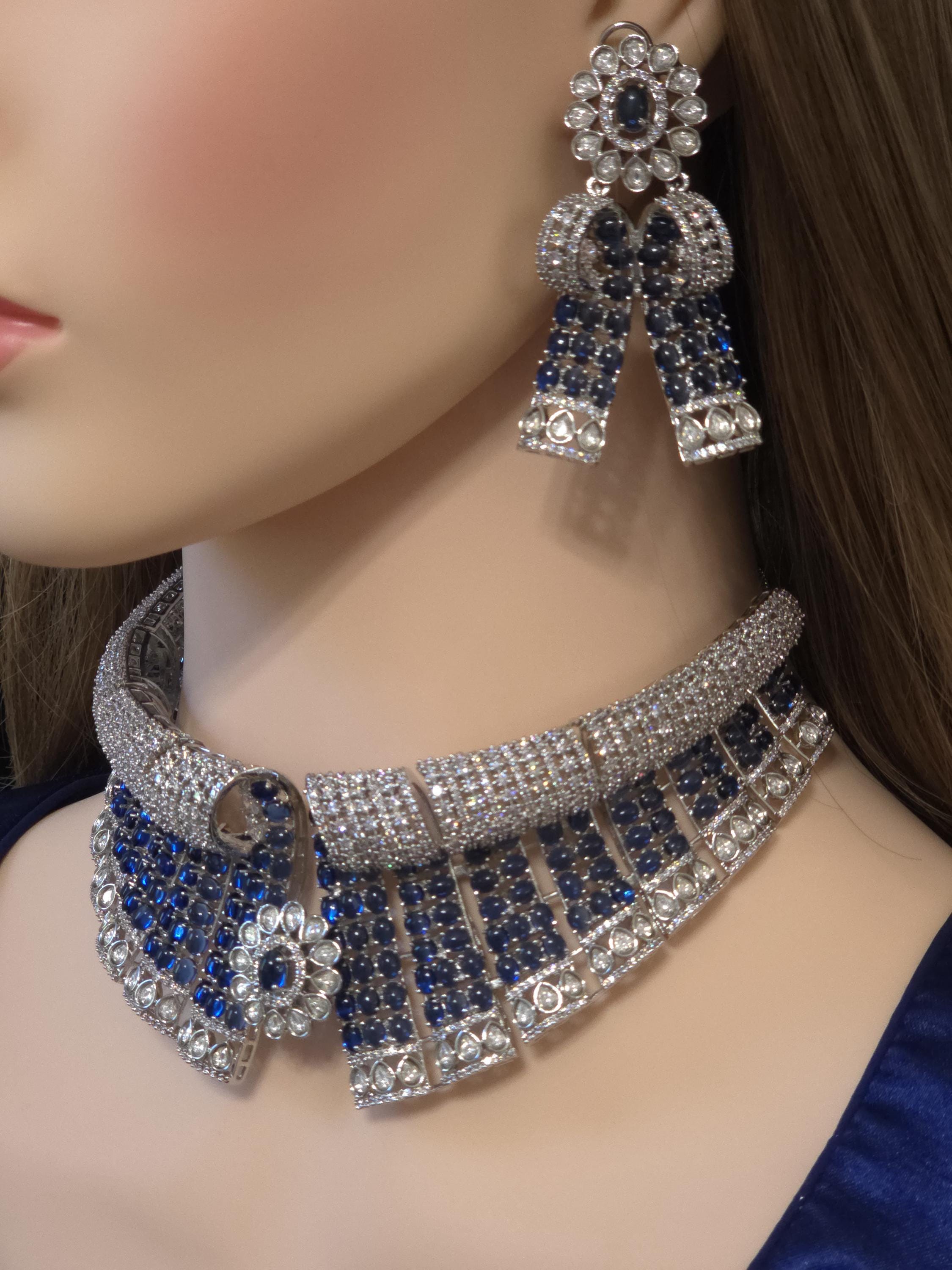 Blue Black Bridal Choker Necklace Set CZ Statement Collar Indian Pakistani Wedding Jewelry Nisha