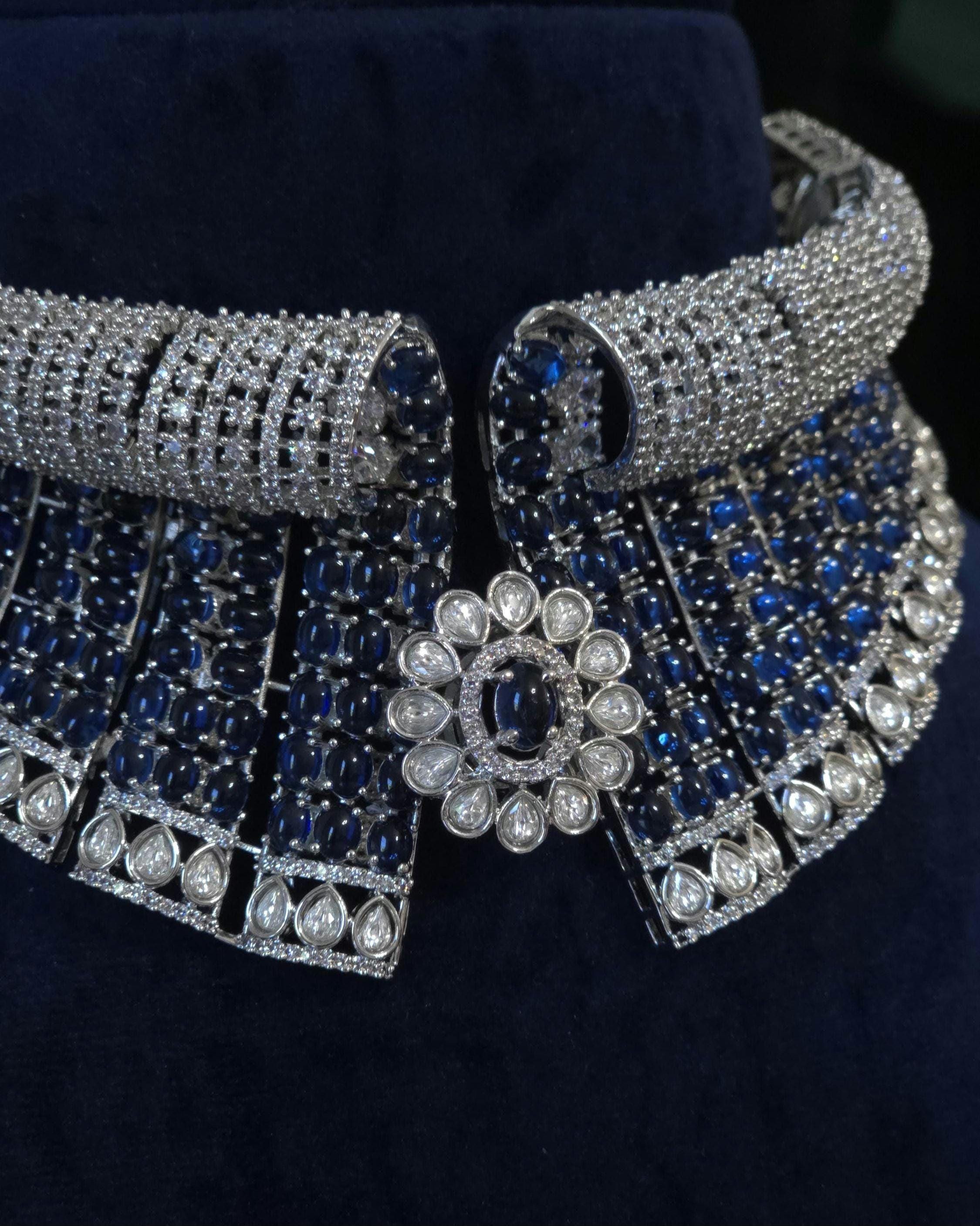 Blue Black Bridal Choker Necklace Set CZ Statement Collar Indian Pakistani Wedding Jewelry Nisha