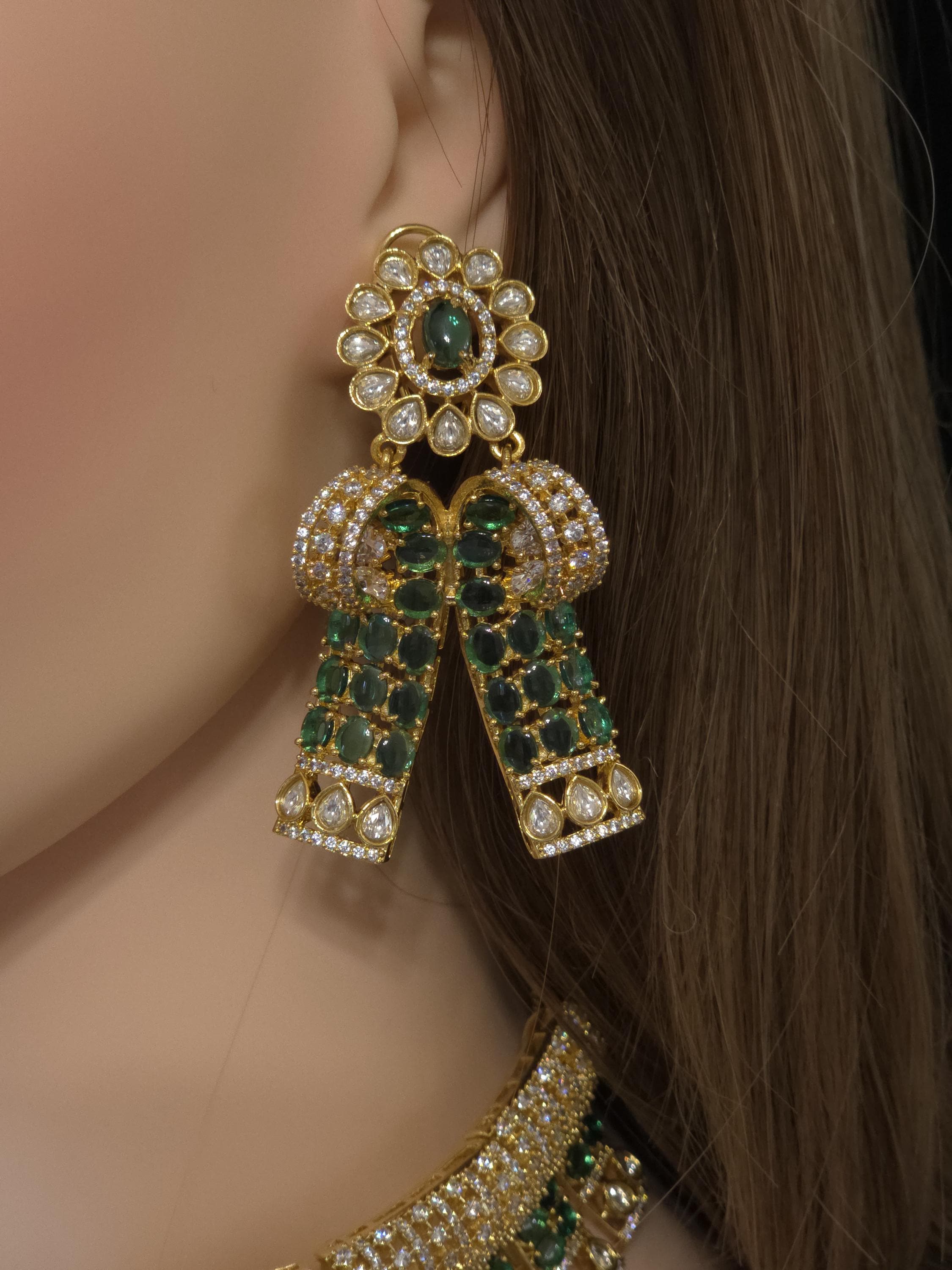 Green Bridal Choker Necklace Set Gold Plated CZ Indian Pakistani Wedding Jewelry Mehndi