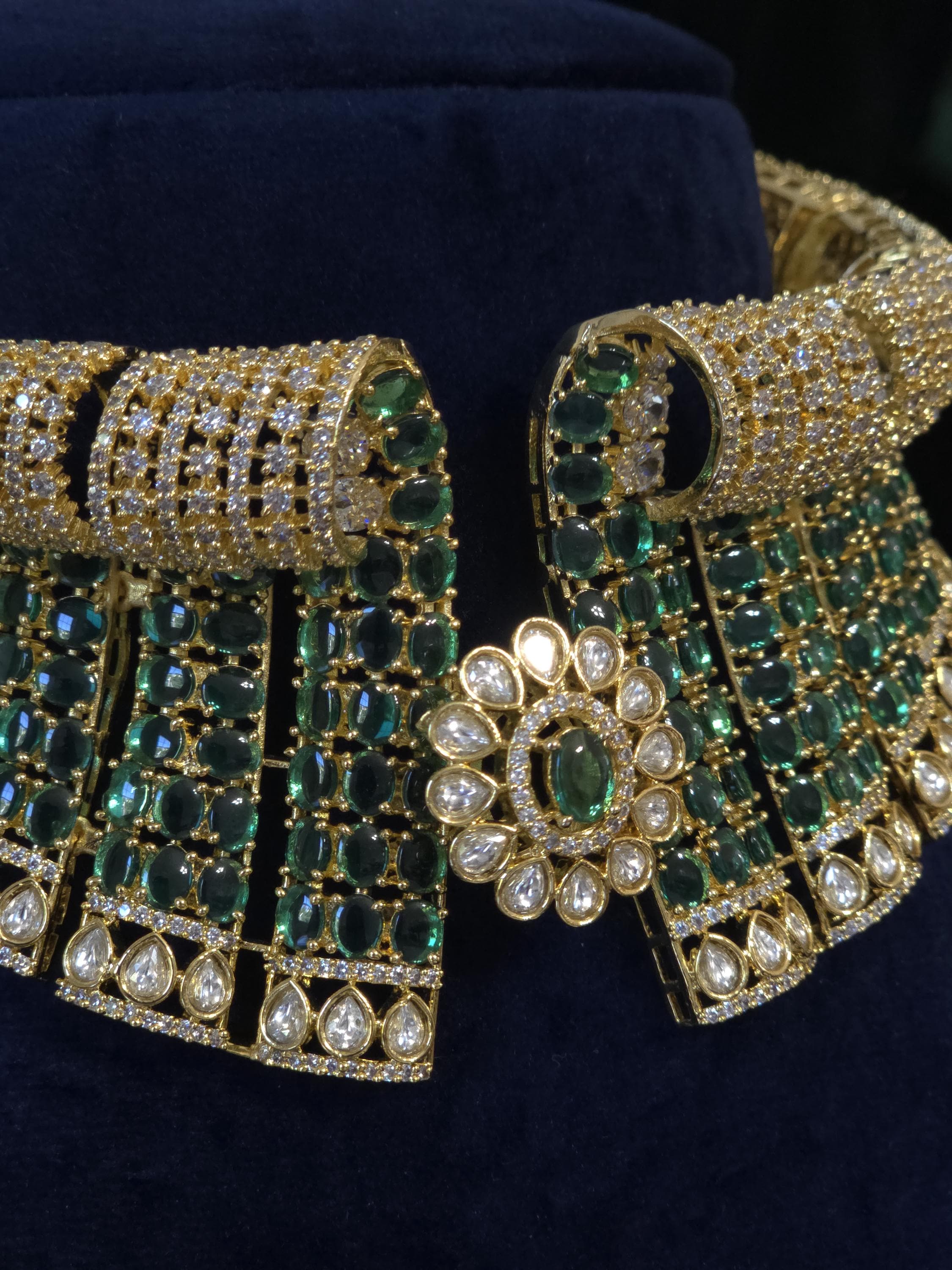 Green Bridal Choker Necklace Set Gold Plated CZ Indian Pakistani Wedding Jewelry Mehndi