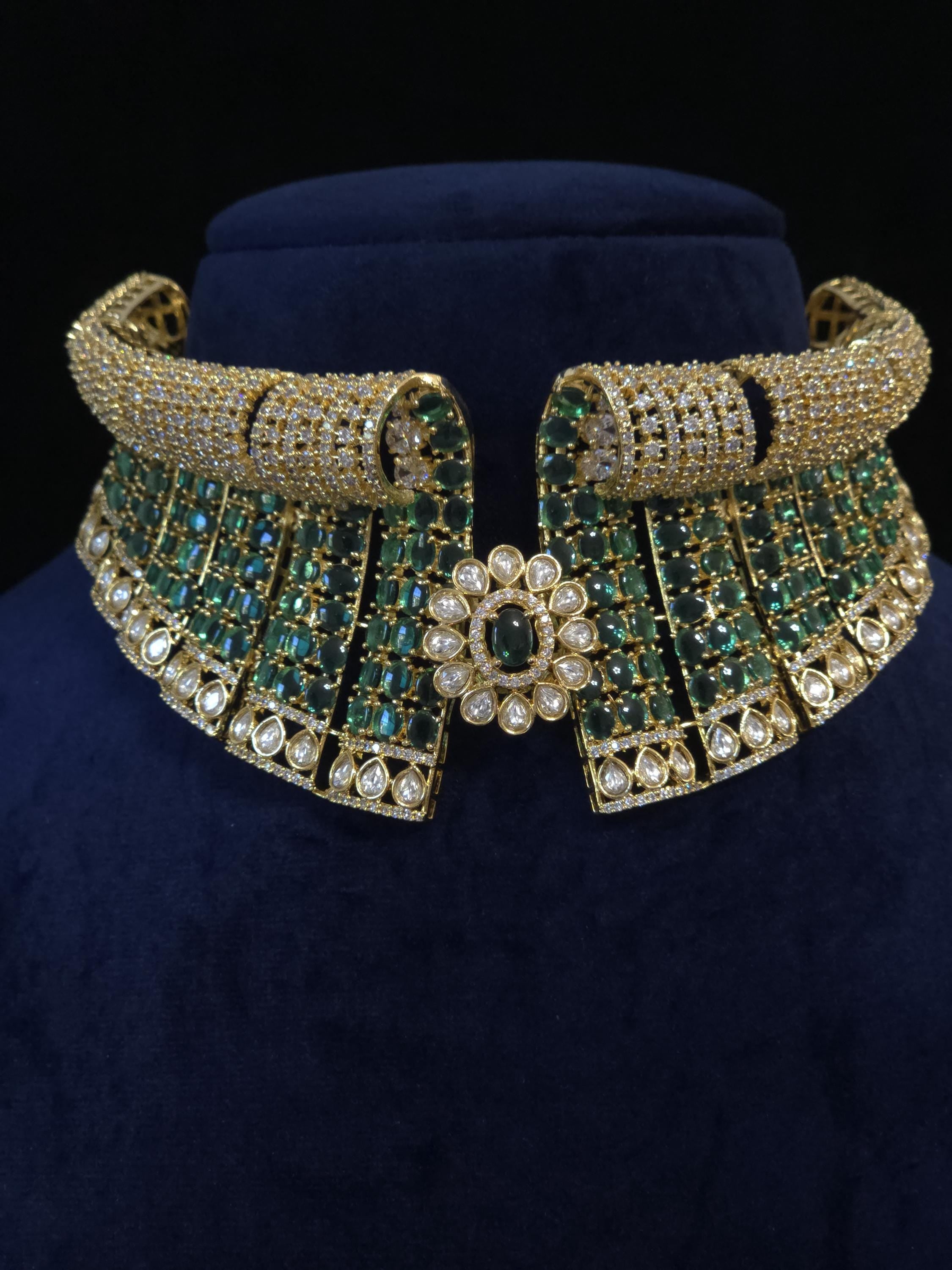 Green Bridal Choker Necklace Set Gold Plated CZ Indian Pakistani Wedding Jewelry Mehndi