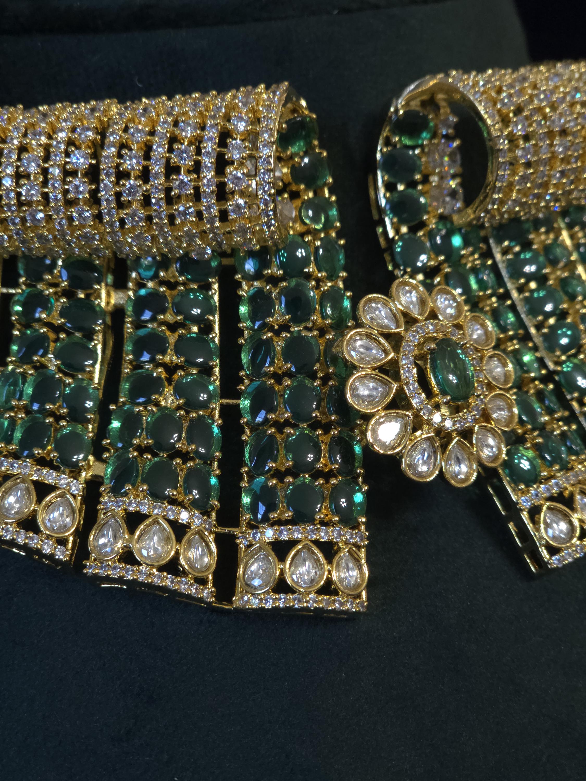 Green Bridal Choker Necklace Set Gold Plated CZ Indian Pakistani Wedding Jewelry Mehndi