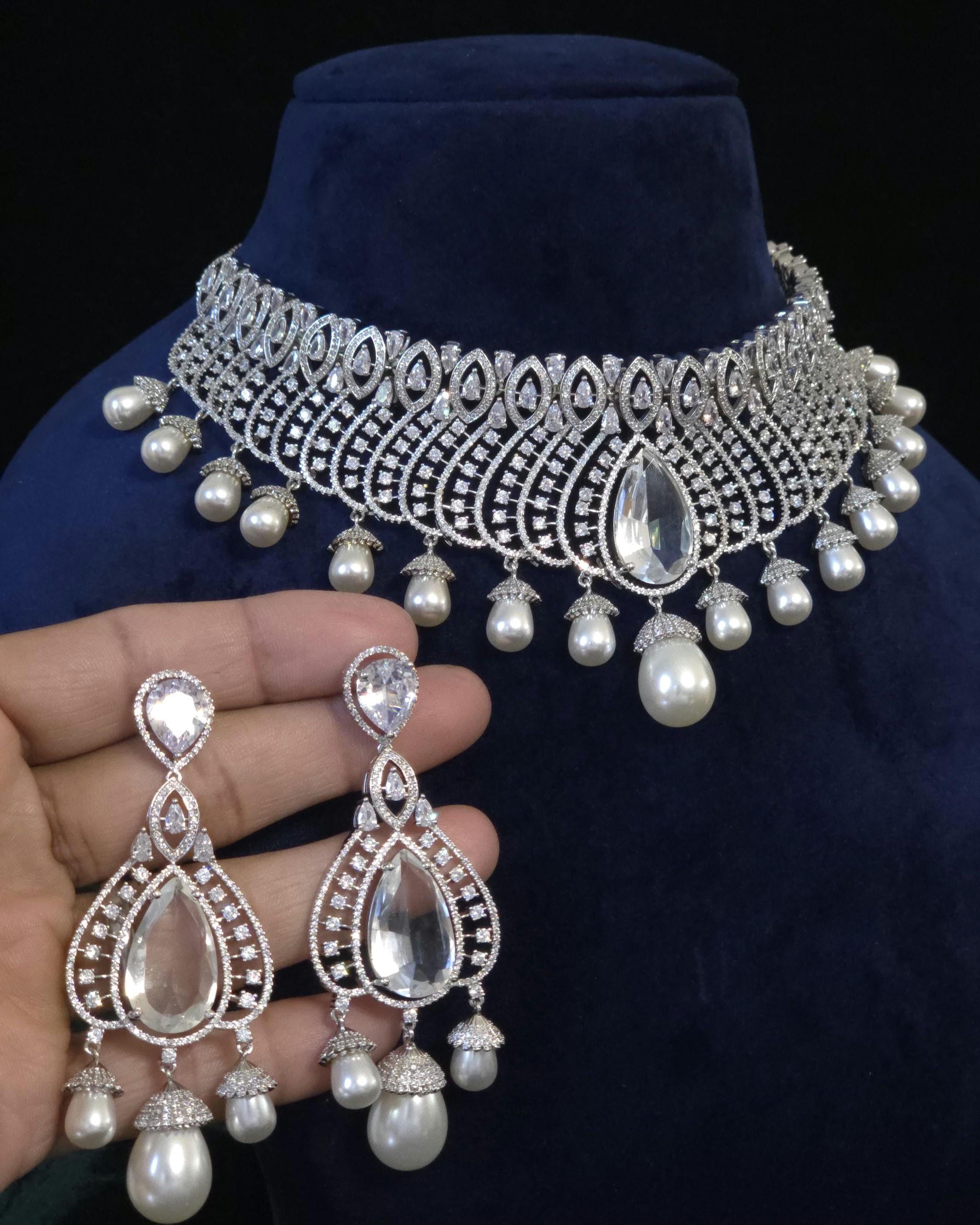 Pearl CZ Bridal Choker Set Indian Pakistani Wedding Necklace Nikah Walima Jewelry Moti