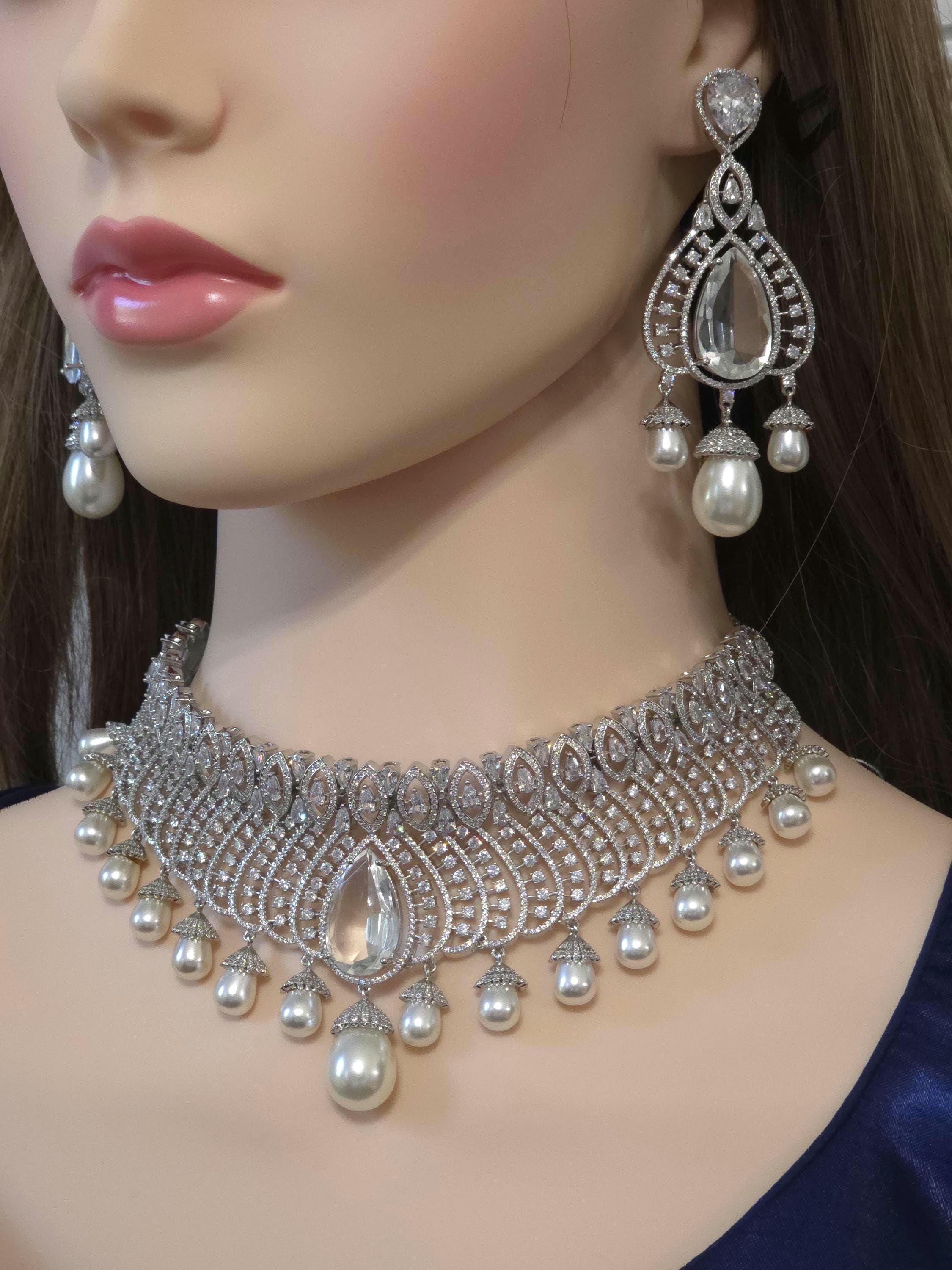 Pearl CZ Bridal Choker Set Indian Pakistani Wedding Necklace Nikah Walima Jewelry Moti