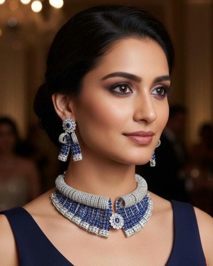 Blue Black Bridal Choker Necklace Set CZ Statement Collar Indian Pakistani Wedding Jewelry Nisha