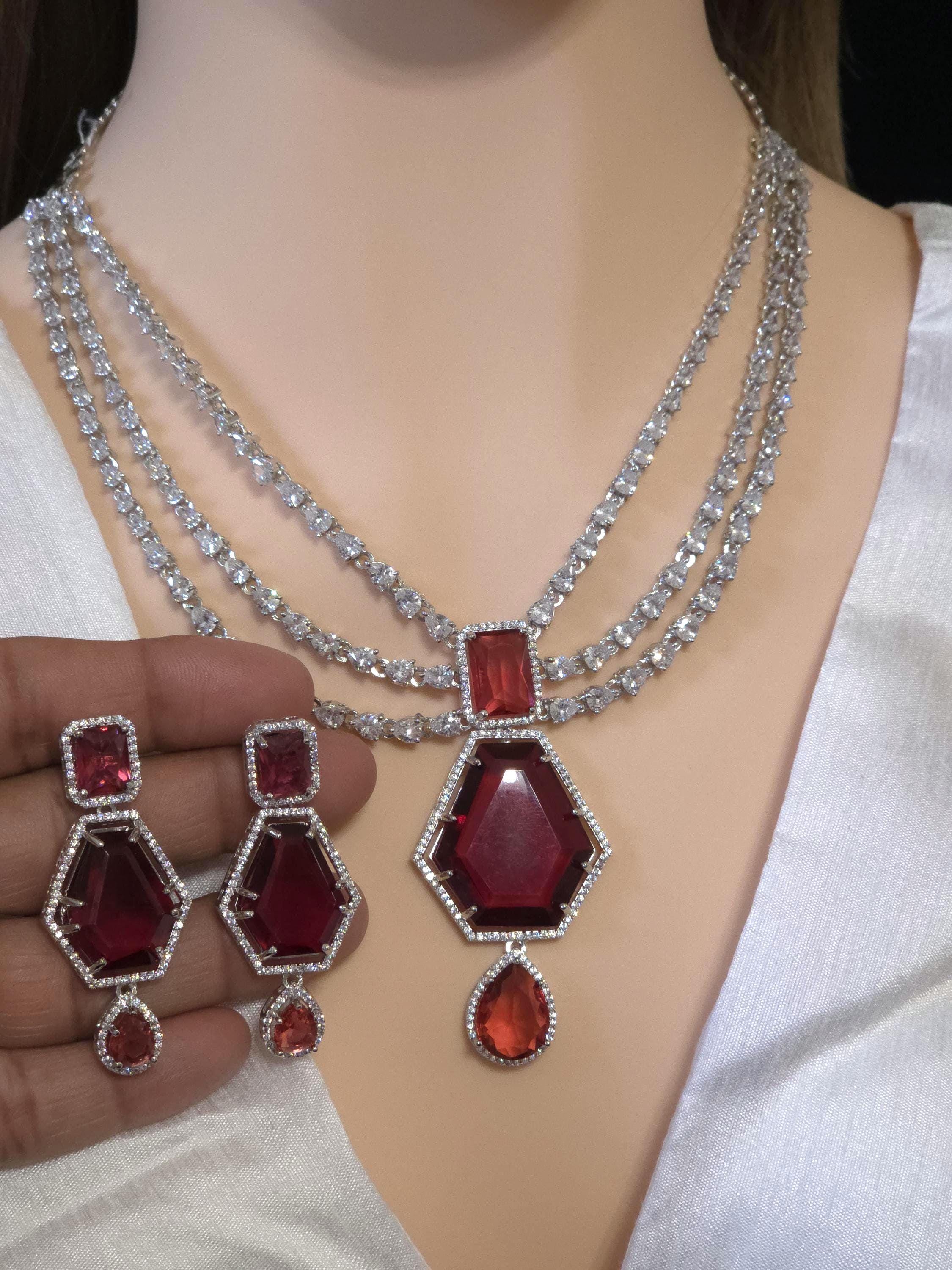 Multi Strand CZ Bridal Necklace Set | Sapphire Emerald Ruby Indian Pakistani Wedding Jewelry – Nalini