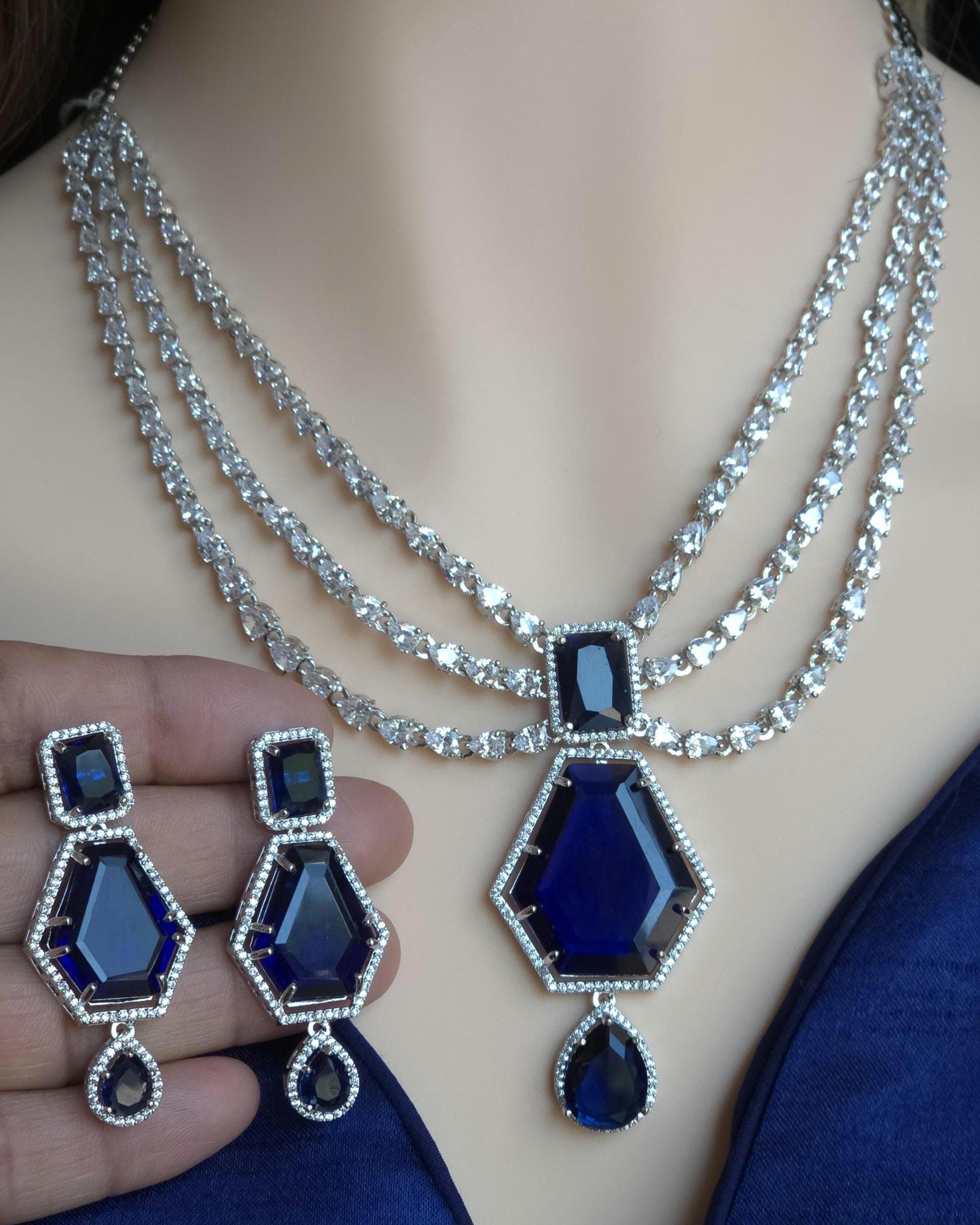 Multi Strand CZ Bridal Necklace Set | Sapphire Emerald Ruby Indian Pakistani Wedding Jewelry – Nalini