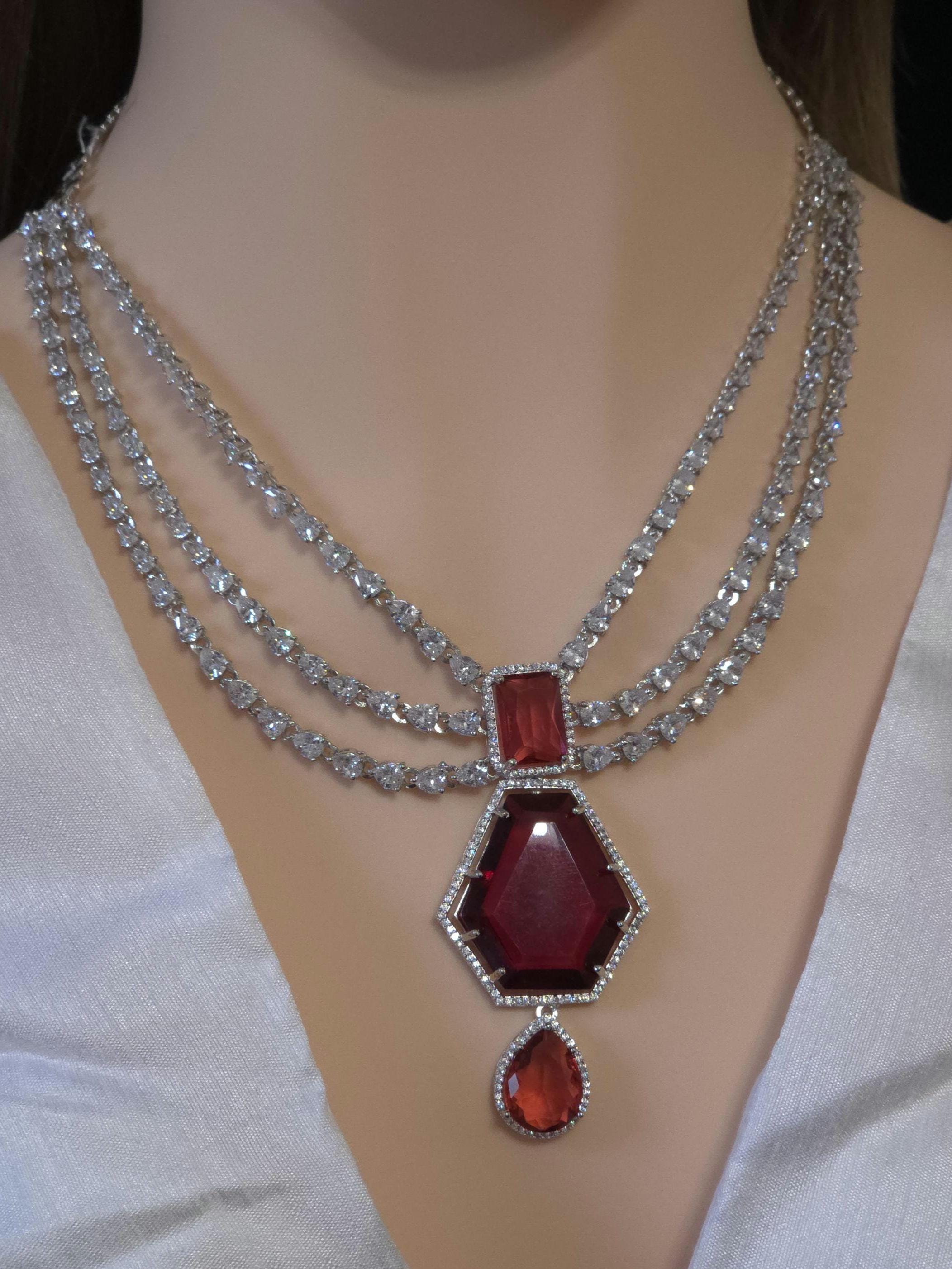 Multi Strand CZ Bridal Necklace Set | Sapphire Emerald Ruby Indian Pakistani Wedding Jewelry – Nalini