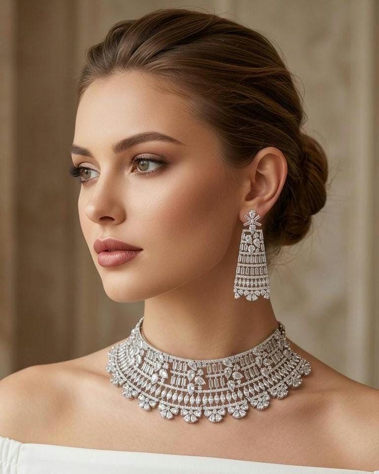 Luxury CZ Choker Necklace Set Rhodium Crystal Silver Statement Bridal Wedding Jewelry Zoya