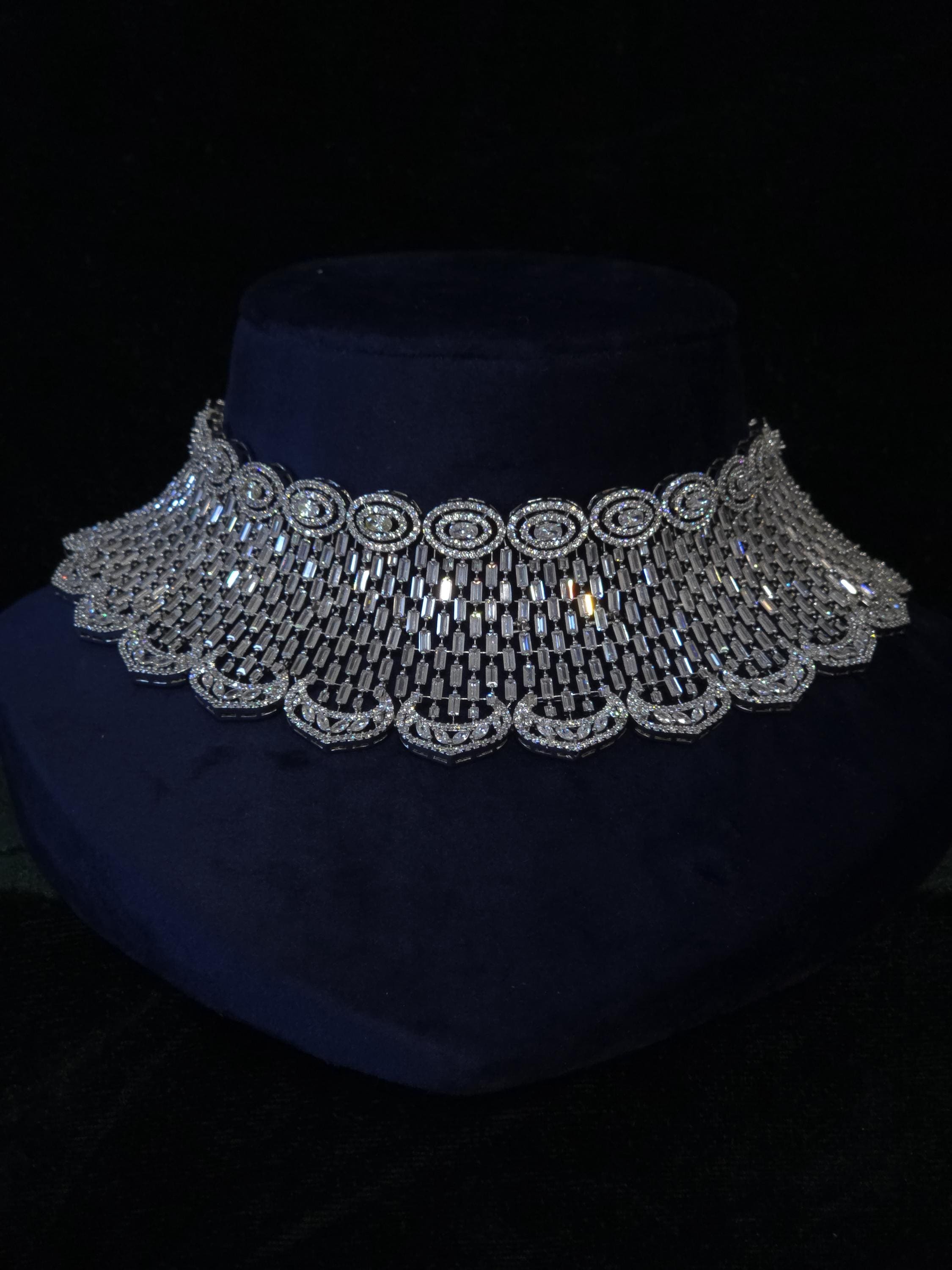 Luxury Silver CZ Choker Necklace Set Premium Rhodium Plated Bridal Indian Wedding Jewelry Ariana