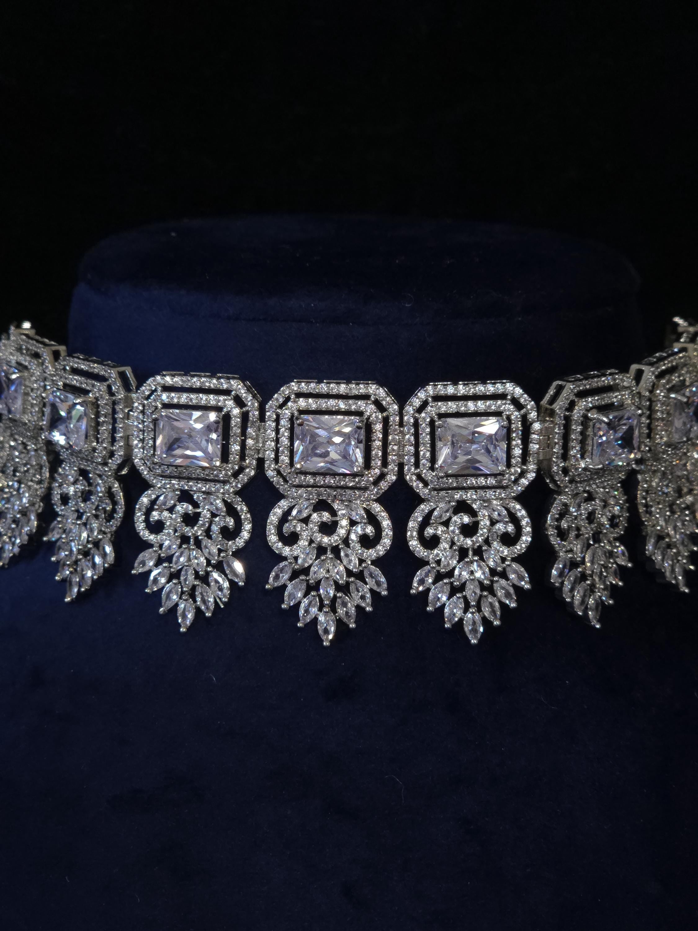 Silver CZ Bridal Necklace Set with Maang Tikka Indian Pakistani Wedding Jewelry Sitara