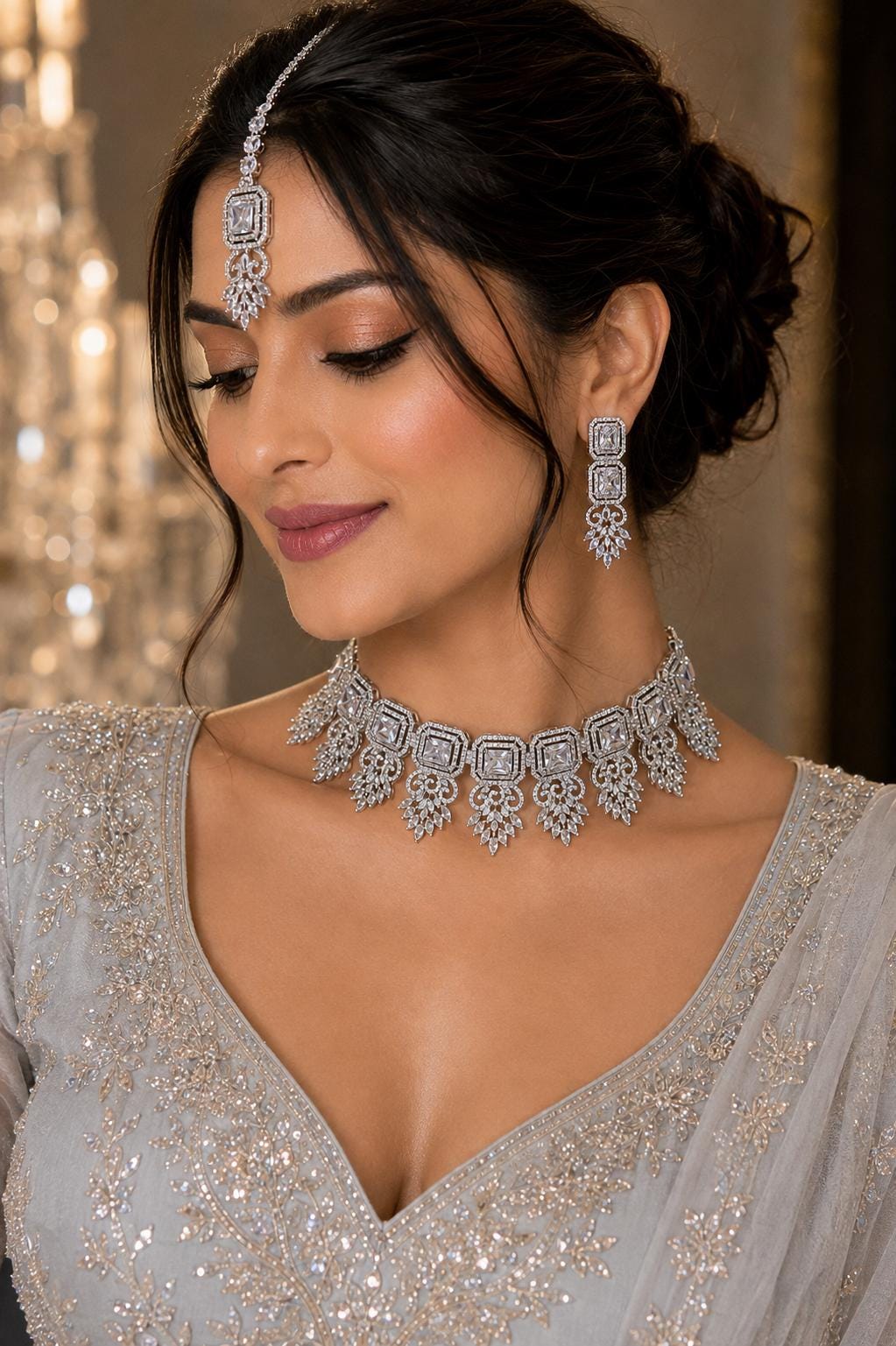 Silver CZ Bridal Necklace Set with Maang Tikka Indian Pakistani Wedding Jewelry Sitara