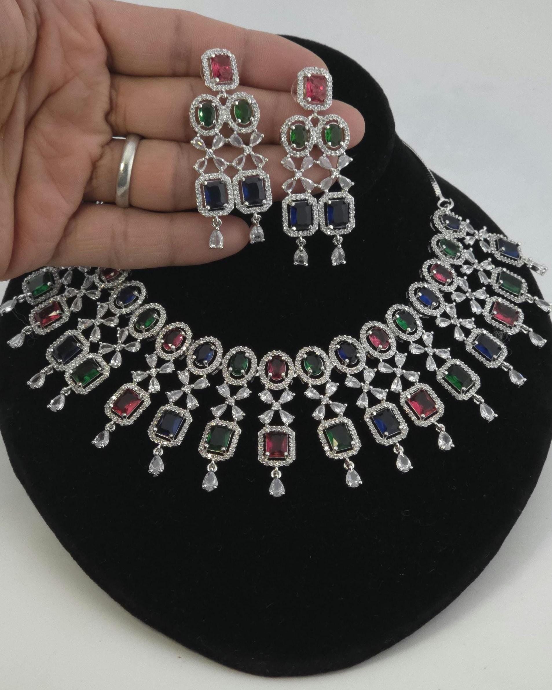 Multicolor CZ Bridal Necklace Set | Indian Pakistani Wedding Jewelry, Royal Blue Statement – Kavya
