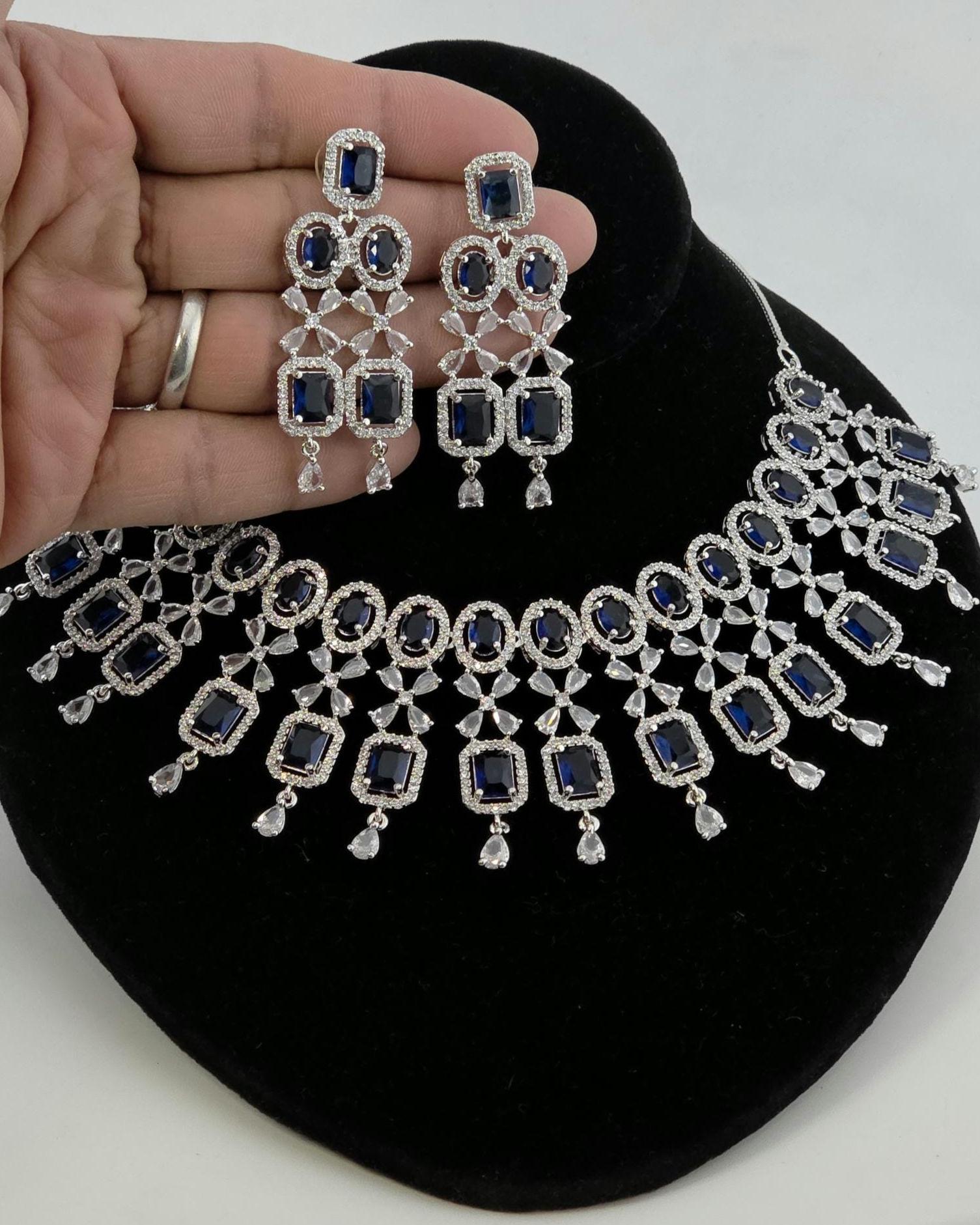 Multicolor CZ Bridal Necklace Set | Indian Pakistani Wedding Jewelry, Royal Blue Statement – Kavya