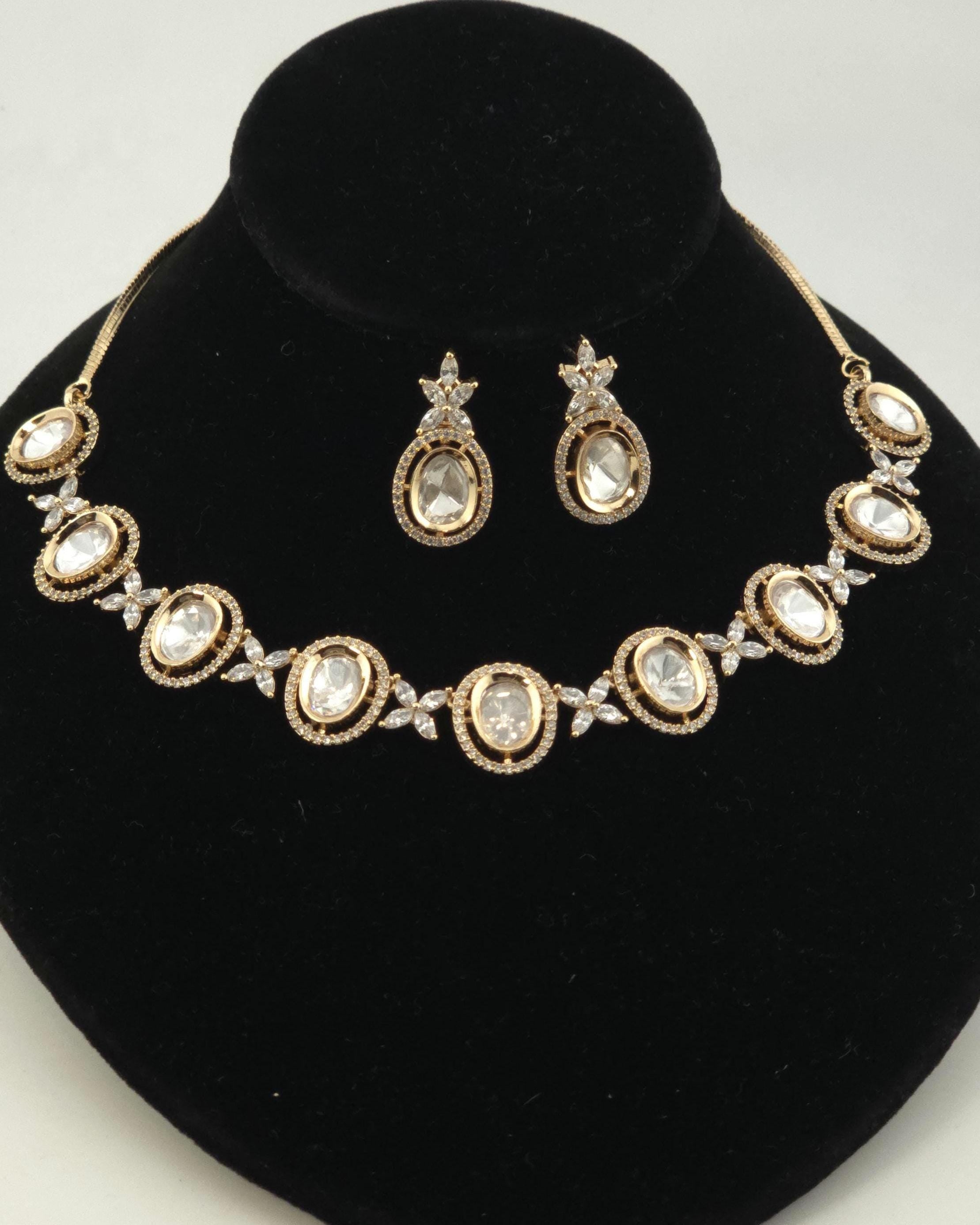 Gold Tone Kundan Polki CZ Necklace Set | Indian Pakistani Bridal Wedding Jewelry – Chanda