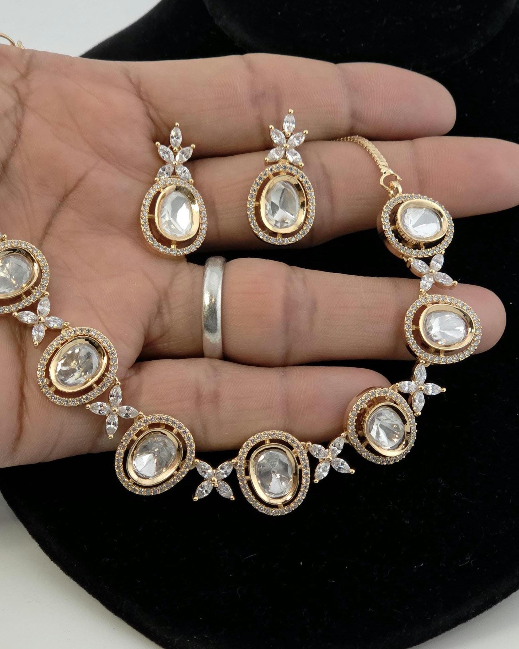 Gold Tone Kundan Polki CZ Necklace Set | Indian Pakistani Bridal Wedding Jewelry – Chanda