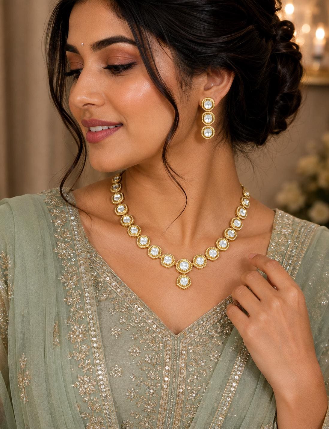 Polki CZ Graduated V-Necklace & Triple Drop Earring Set – Safaa