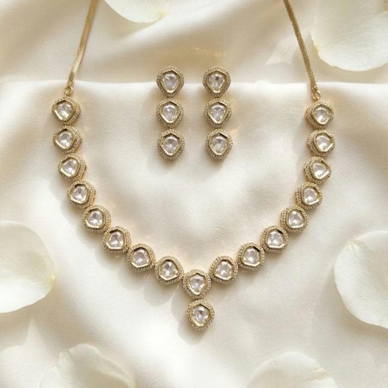 Polki CZ Graduated V-Necklace & Triple Drop Earring Set – Safaa