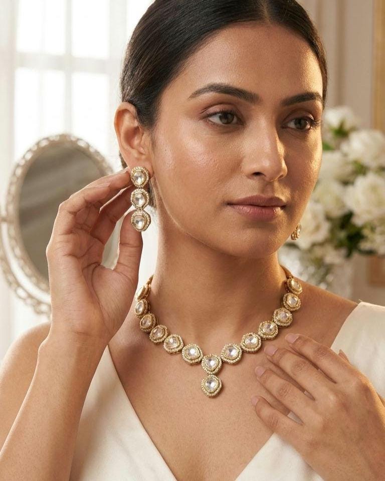 Polki CZ Graduated V-Necklace & Triple Drop Earring Set – Safaa