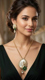 A woman wearing a gold-toned necklace with a large white shell pendant accented by green leaves and a teardrop gemstone, along with matching drop earrings, set against a soft beige background.
