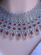 Ruby CZ Multi-Row Bib Choker, Marquise Drop Earring & Maang Tikka Bridal Set – Laali