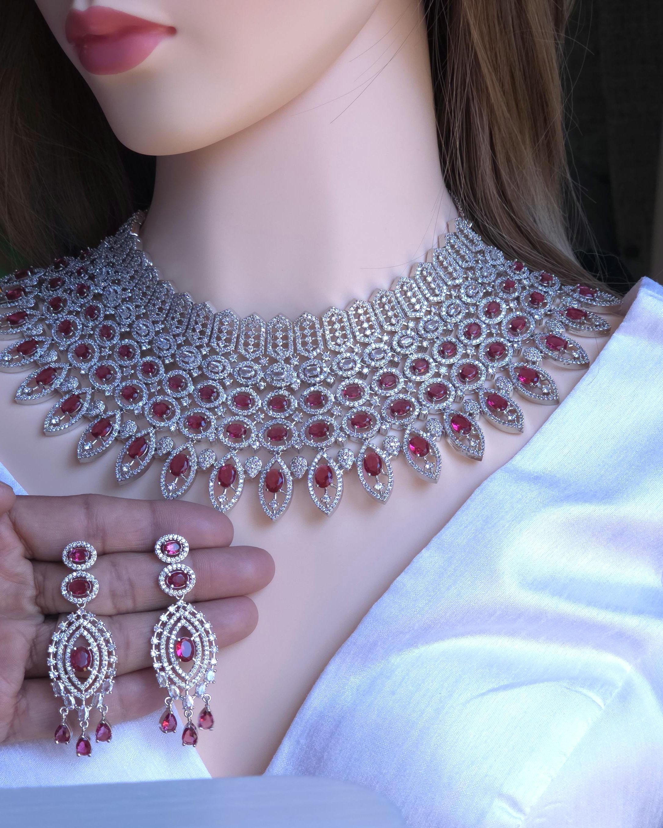 Ruby CZ Multi-Row Bib Choker, Marquise Drop Earring & Maang Tikka Bridal Set – Laali