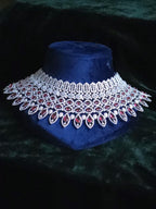 Ruby CZ Multi-Row Bib Choker, Marquise Drop Earring & Maang Tikka Bridal Set – Laali