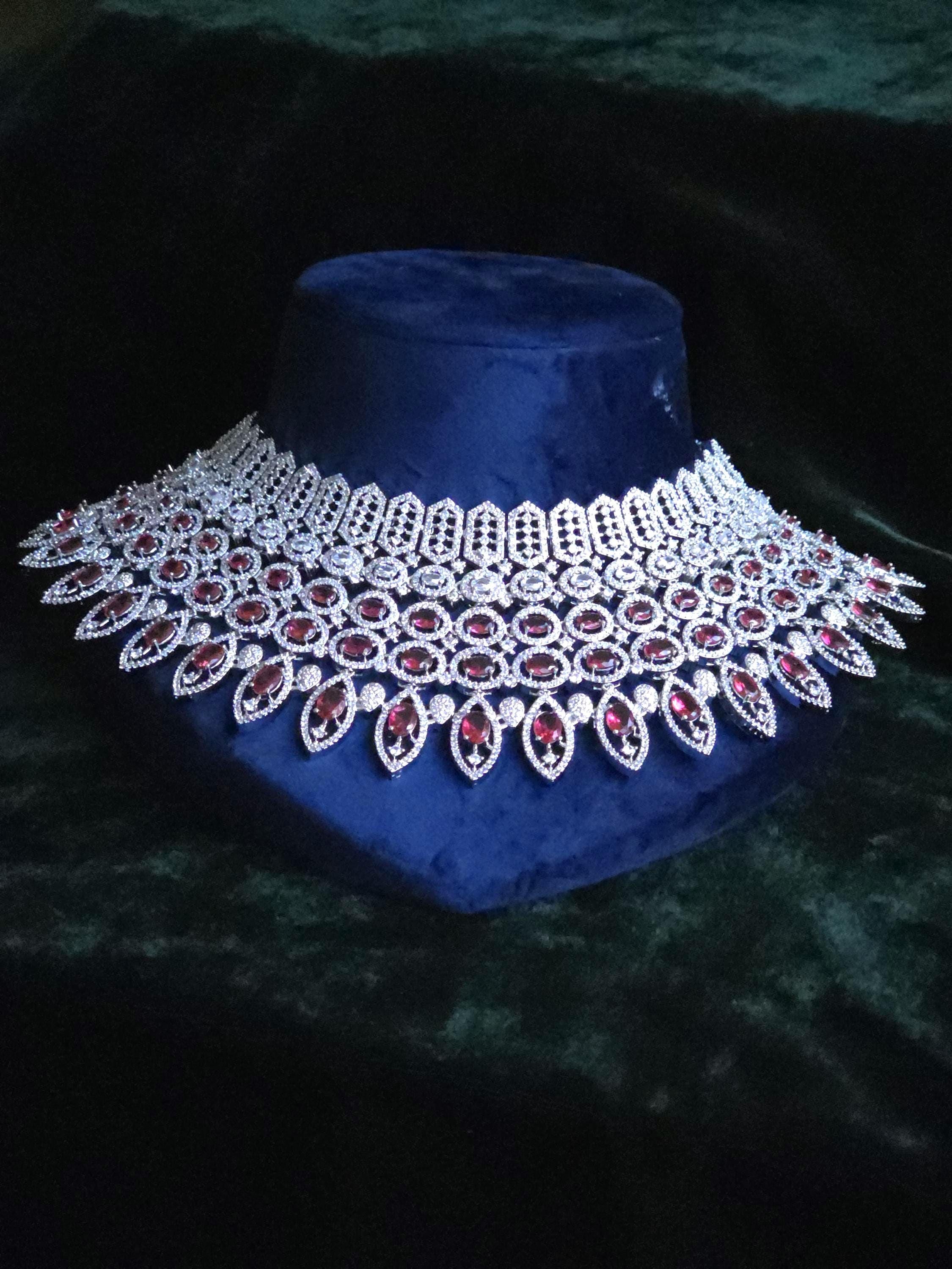 Ruby CZ Multi-Row Bib Choker, Marquise Drop Earring & Maang Tikka Bridal Set – Laali